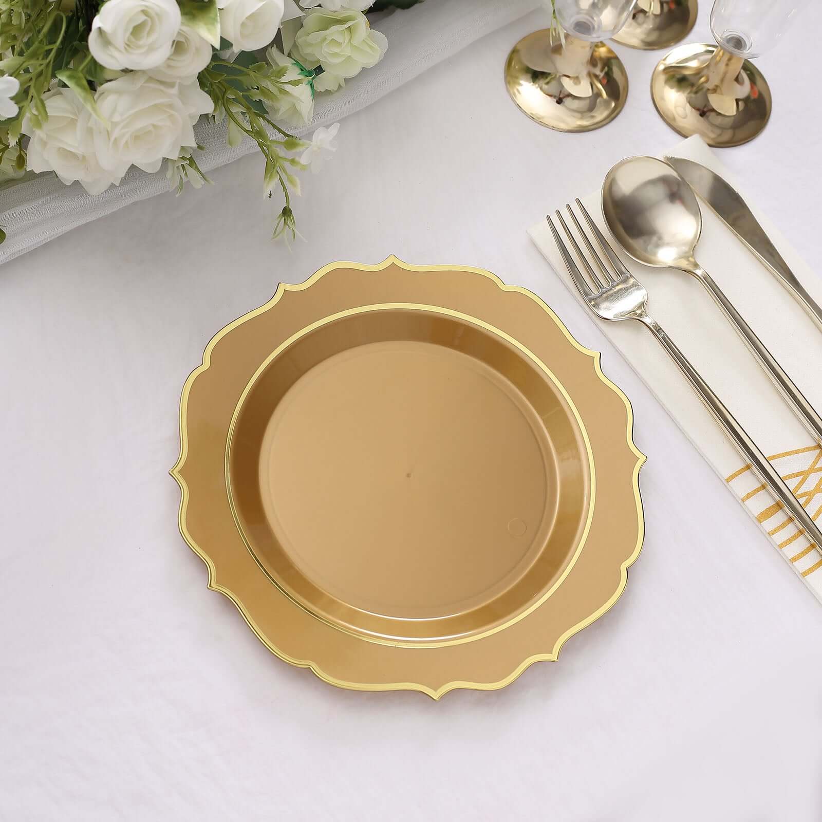 10-Pack Plastic 8" Round Desert Plates in Gold with Gold Scalloped Rim - Disposable Appetizer/Salad Plates