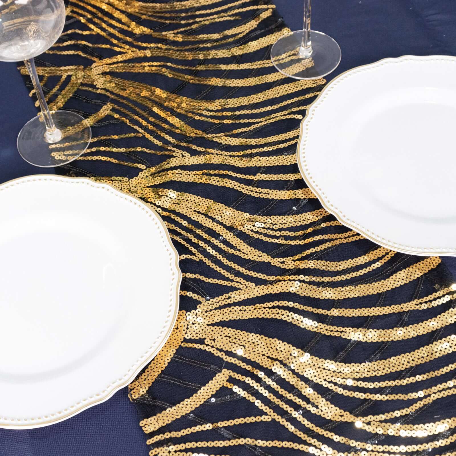 Sequin Mesh 12"x108" Table Runner Black Gold Stylish Wave Embroidery