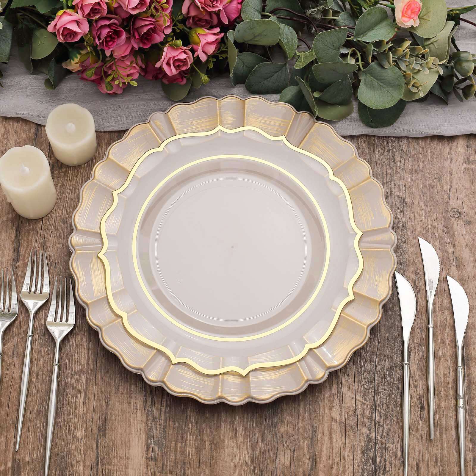 6-Pack Acrylic Plastic Round Charger Plates 13" in Nude Taupe with Gold Brushed Wavy Scalloped Rim, Decorative Dinner Party Charger Tableware