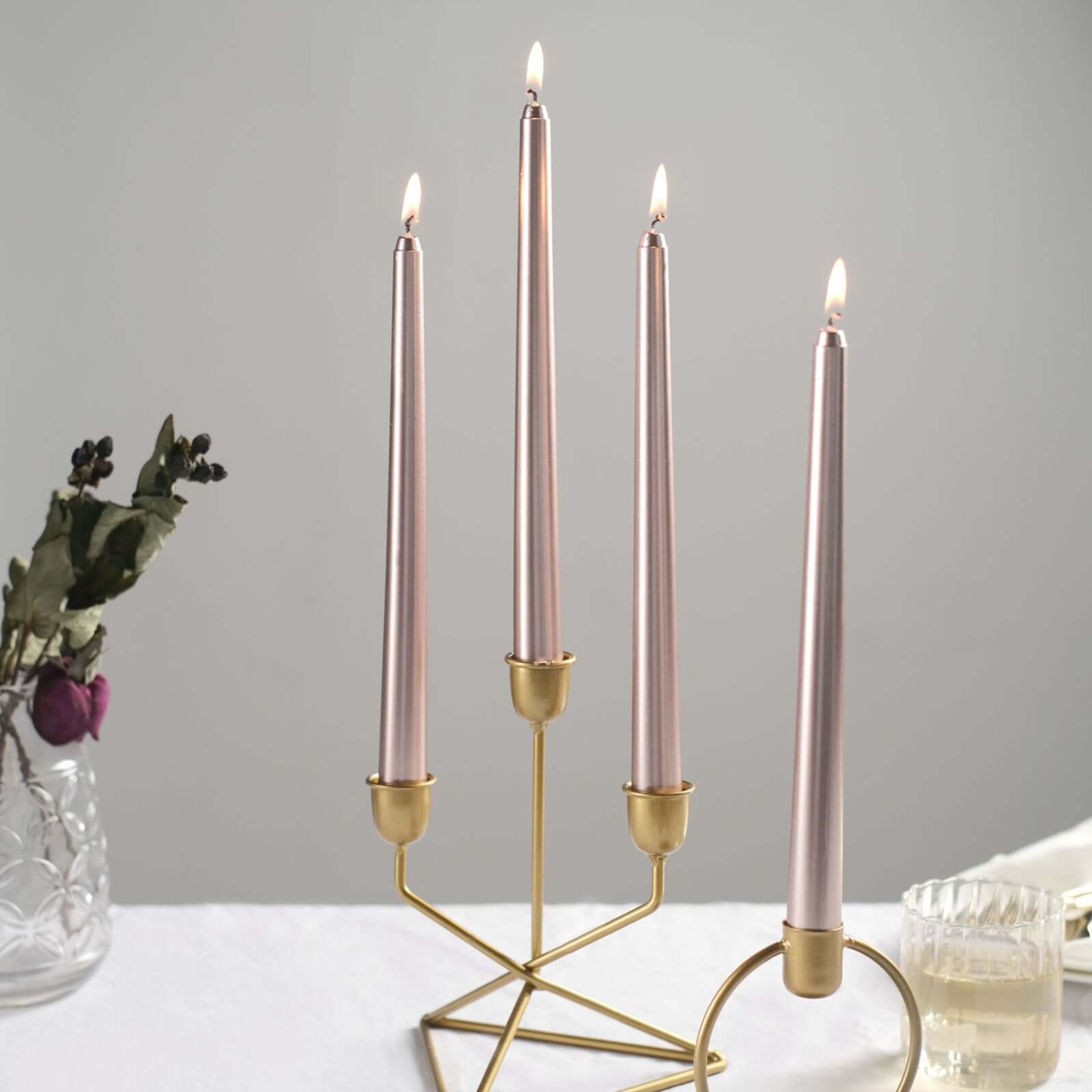 12-Pack Taper Candles Premium Wax Design Metallic Rose Gold - Unscented Candles for Upscale Settings 10"