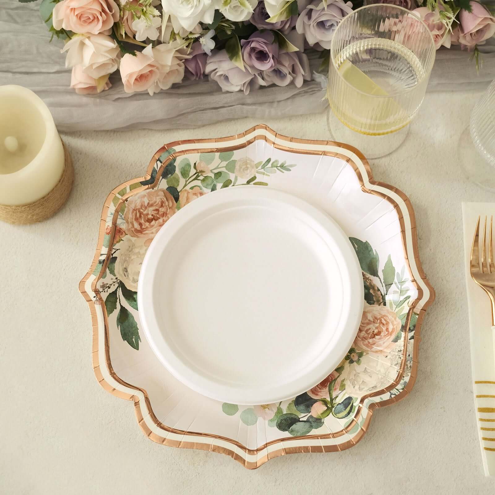 25-Pack Paper 10" Dinner Plates in White with Floral Print & Rose Gold Scallop Rim - Disposable 300GSM Party Plates