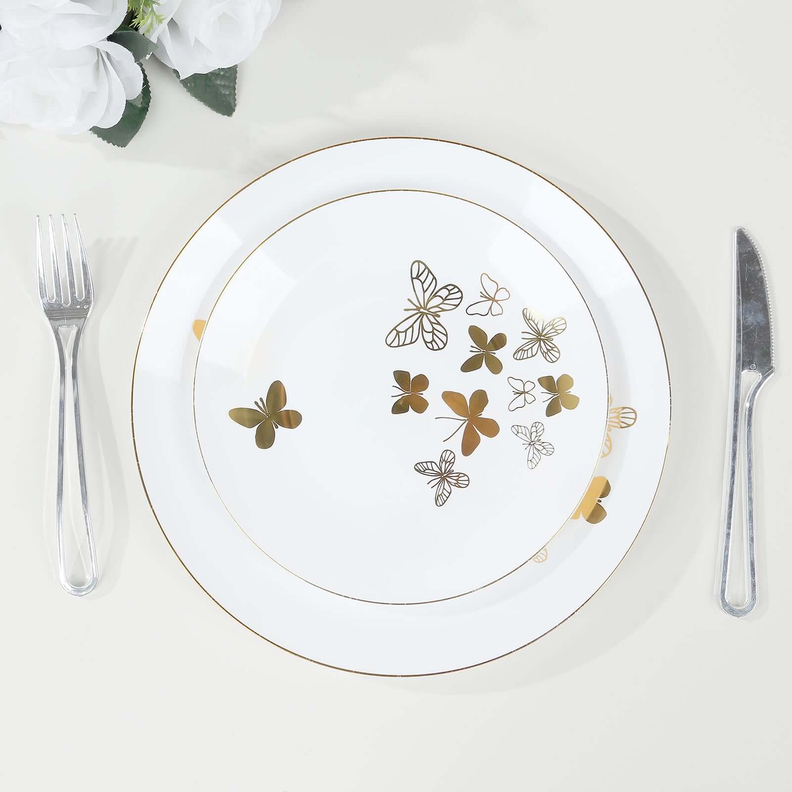 Set of 20 Plastic Round Dinner and Salad Plates in White with Gold Butterfly Design & Gold Rim - Stylish Disposable Dinnerware for Buffets & Catered Events 8", 10"
