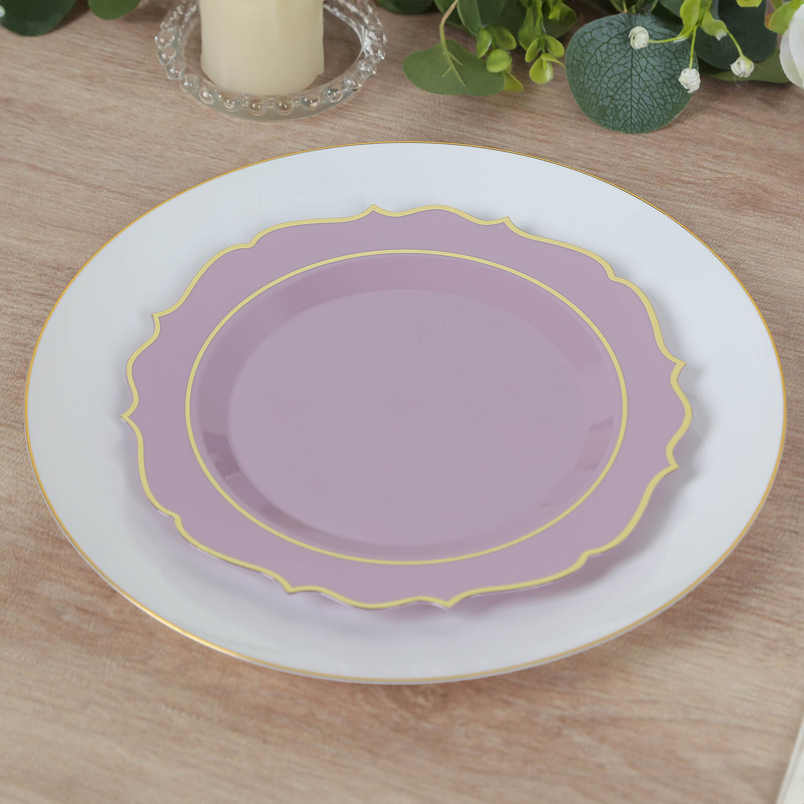 10-Pack Plastic 8" Round Desert Plates in Lavender Lilac with Gold Scalloped Rim - Disposable Appetizer/Salad Plates