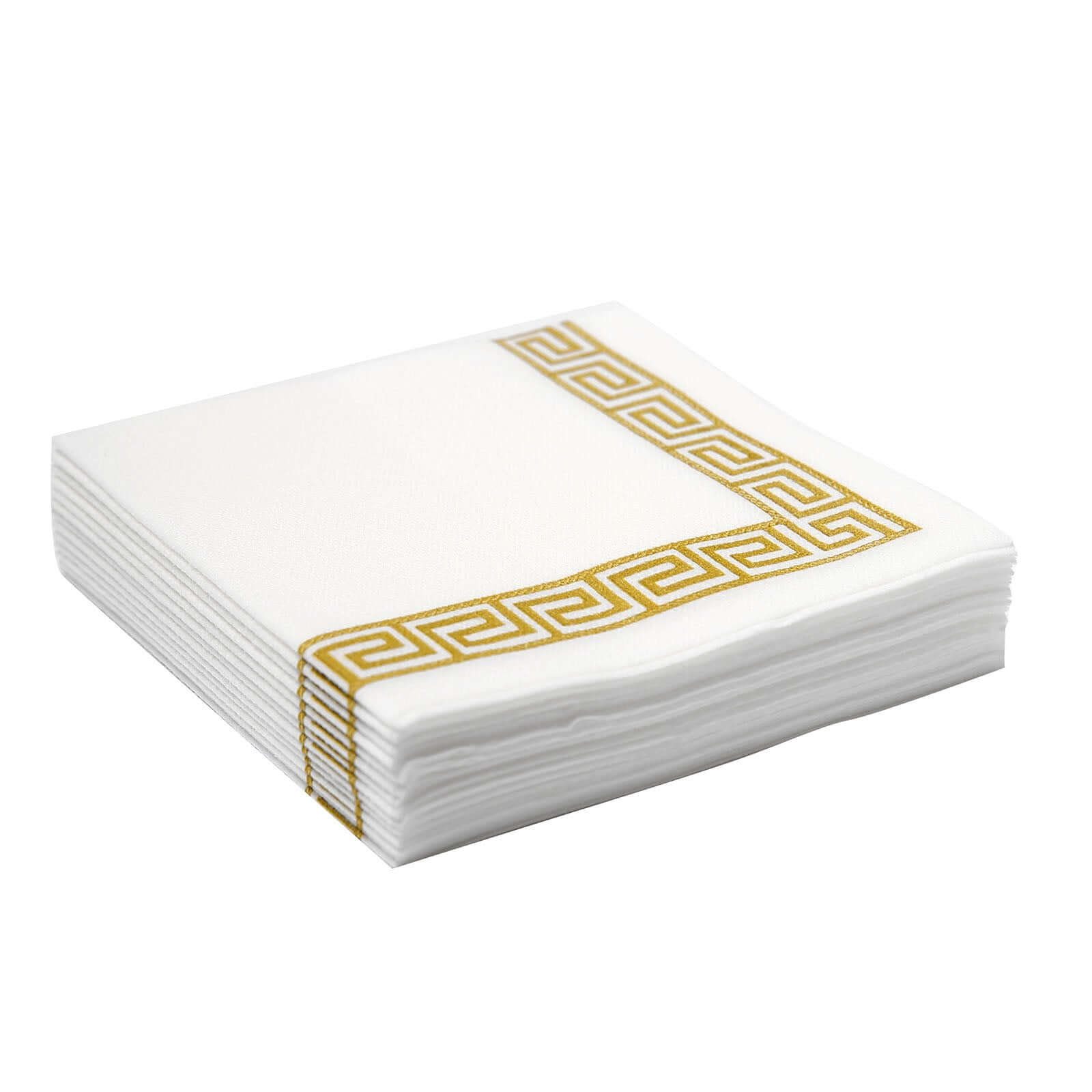 25 Pack Linen-Like Paper 5"x5" Napkins White with Gold Greek Key Design - Hygienic Disposable Airlaid Party Napkins
