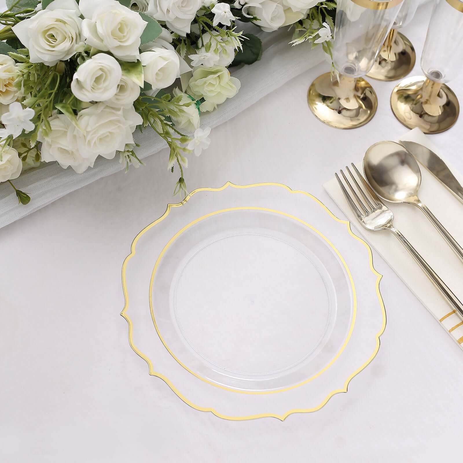 10-Pack Plastic 8" Round Desert Plates in Clear with Gold Scalloped Rim - Disposable Appetizer/Salad Plates