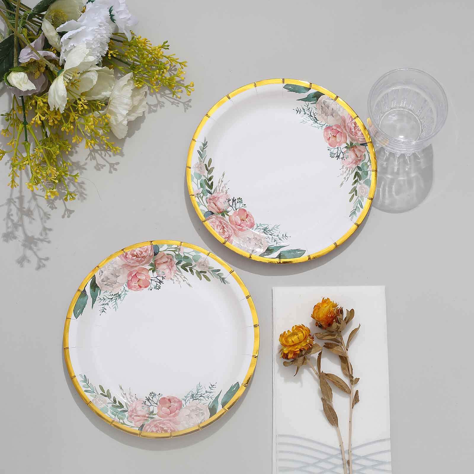 25-Pack Paper 7" Round Dessert Plates in White with Peony Floral Design & Gold Rim - Disposable Floral Salad Appetizer Plates for Brunches & Afternoon Teas