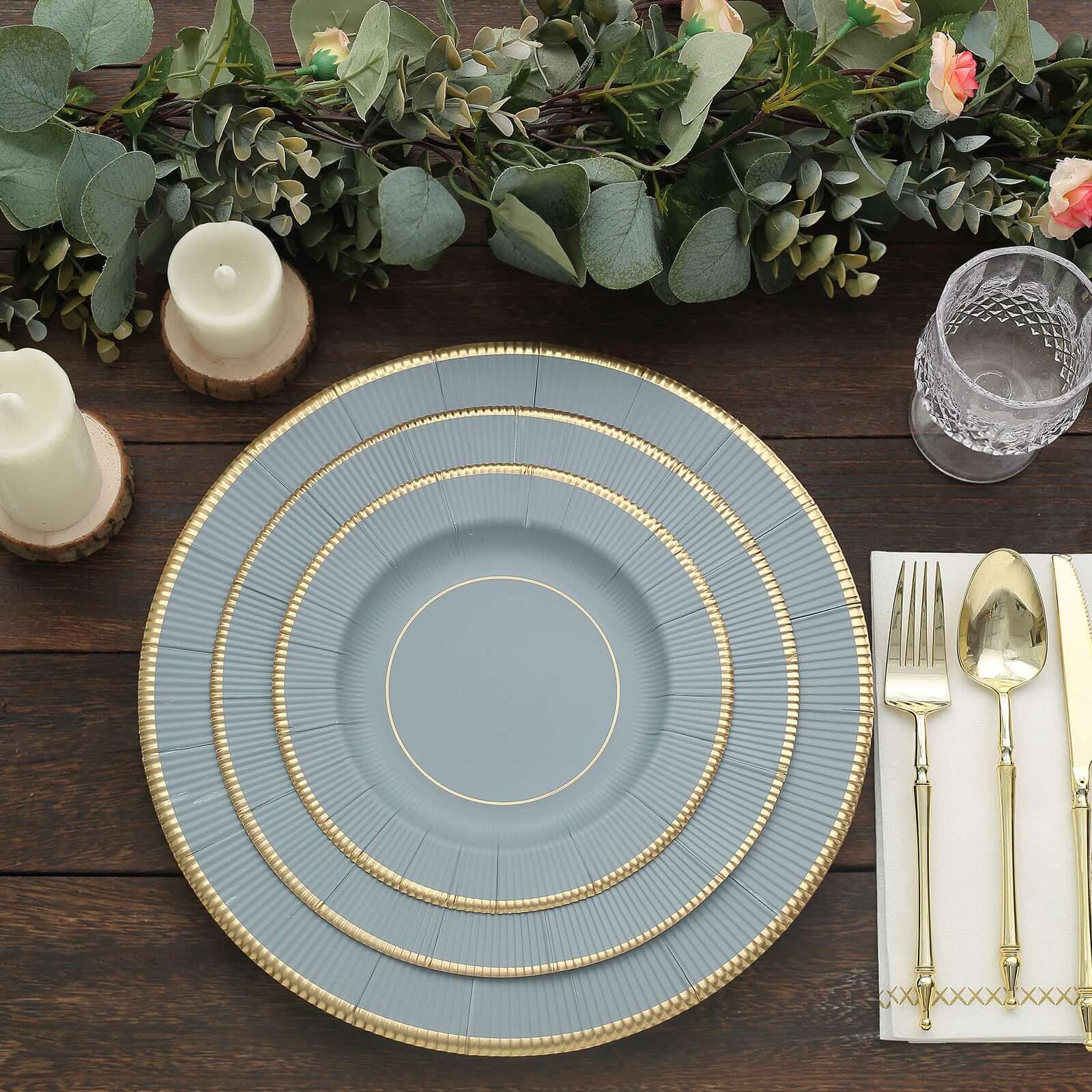 25-Pack Disposable Round Charger Plates in Dusty Blue Sunray Design with Gold Rim - 350GSM Heavy Duty Paper Chargers 13"