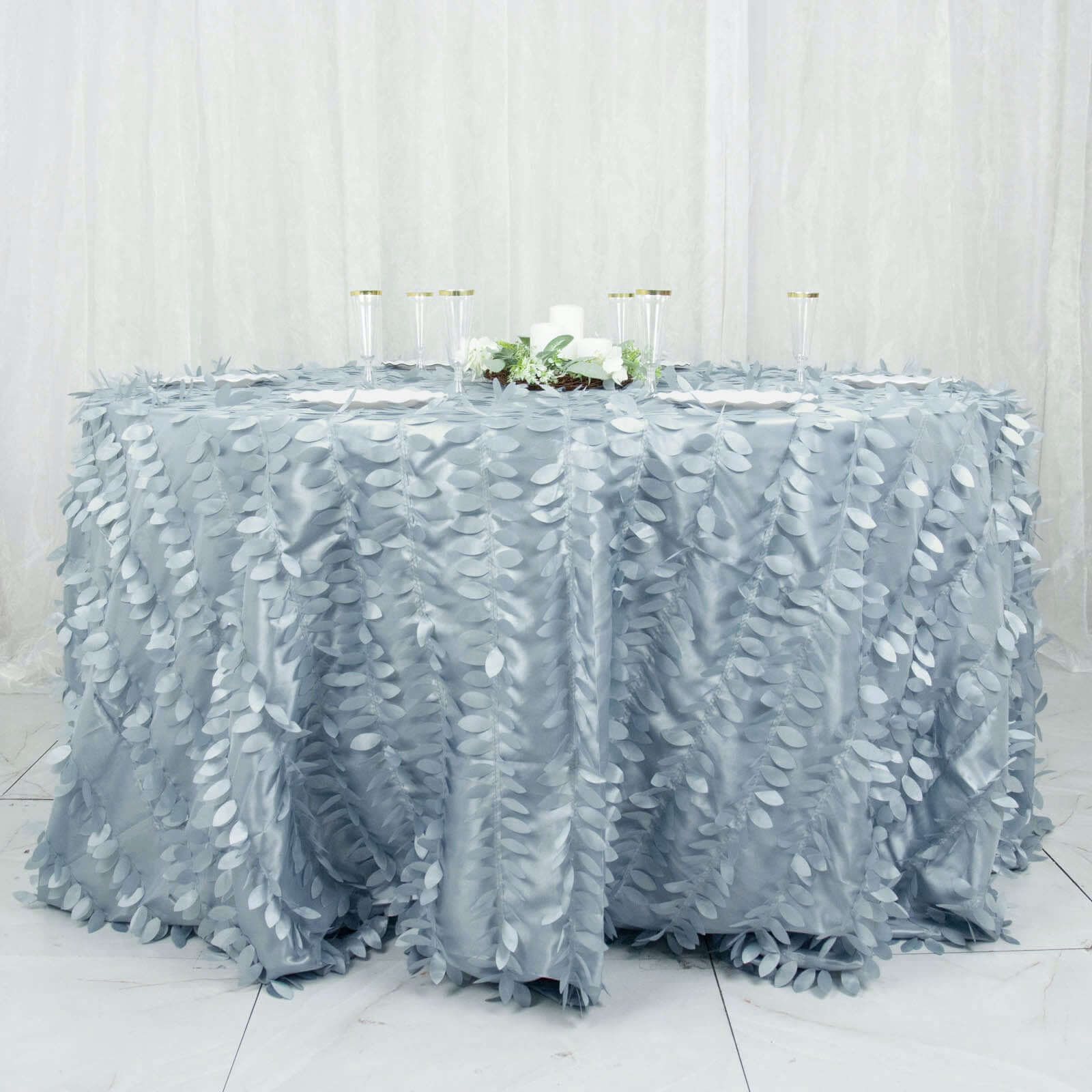 Taffeta 132" Round Tablecloth Dusty Blue | 3D Leaf Petal Design Seamless Table Cover