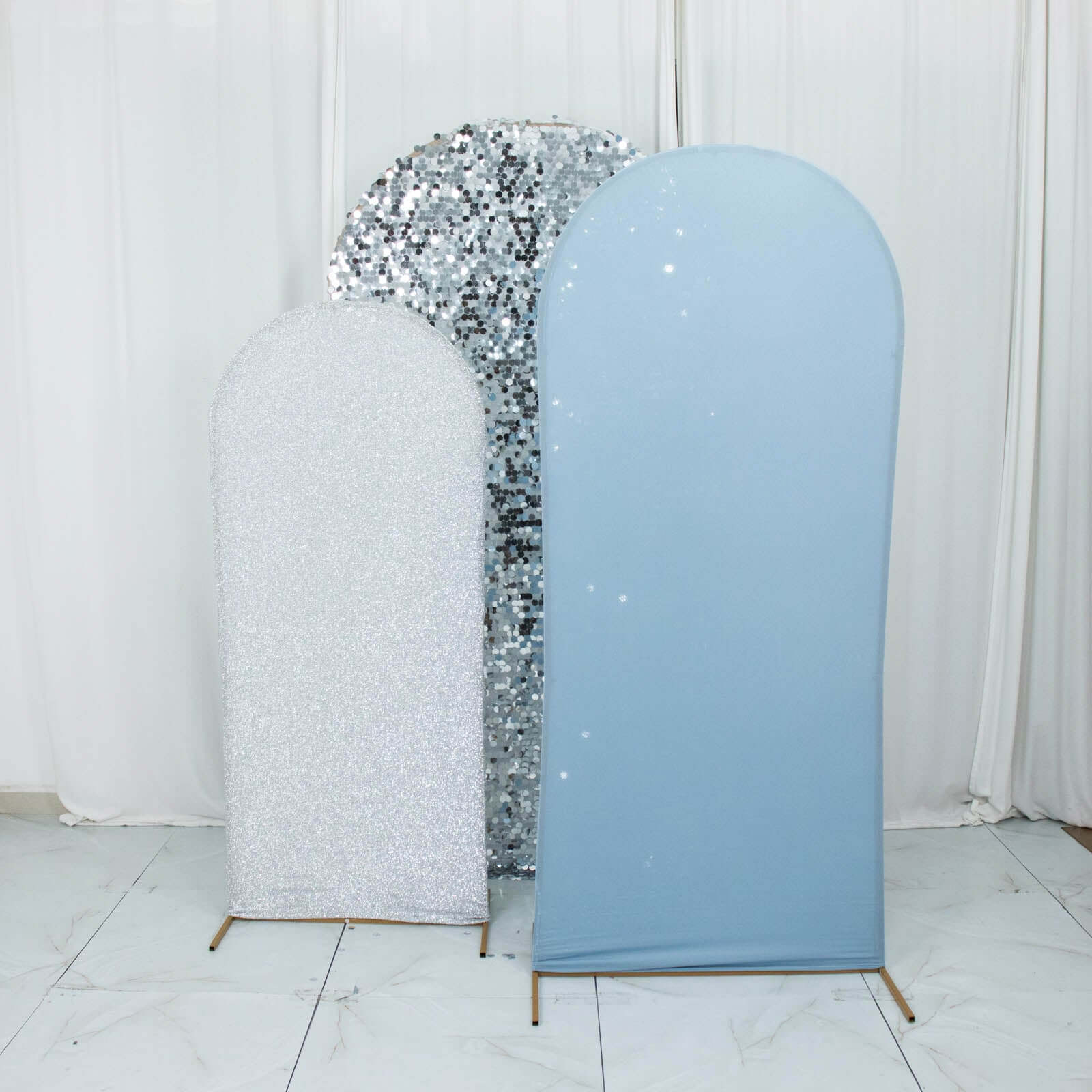 Set of 3 Dusty Blue Silver Round Top Fit Wedding Arch Frame Covers, Big Payette Sequin, Shimmer Tinsel and Matte Spandex Backdrop Stand Covers