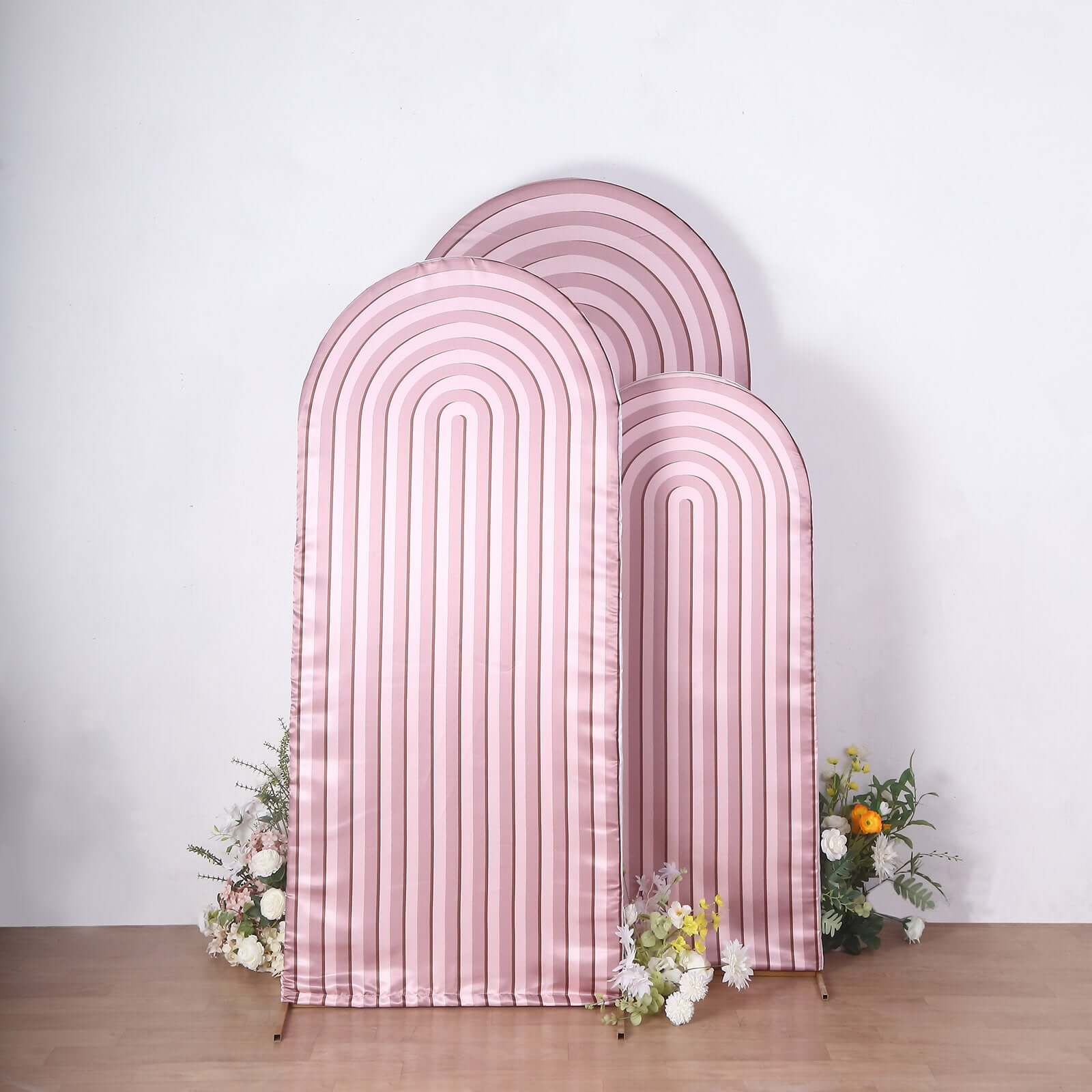 Set of 3 Dusty Rose Ripple Satin Chiara Wedding Arch Covers, Fitted Covers For Round Top Backdrop Stands - 5ft,6ft,7ft