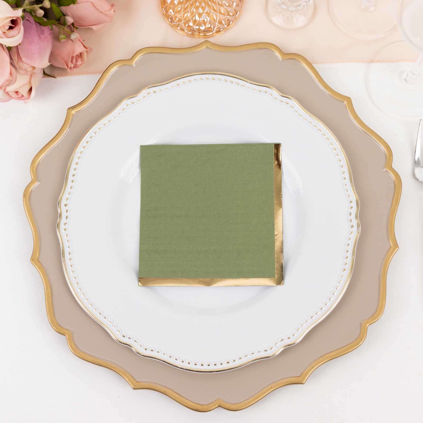 50-Pack Paper Beverage Napkins Olive Green with Gold Foil Edge - 2 Ply Disposable Soft 18GSM Cocktail Napkins 5"x5"