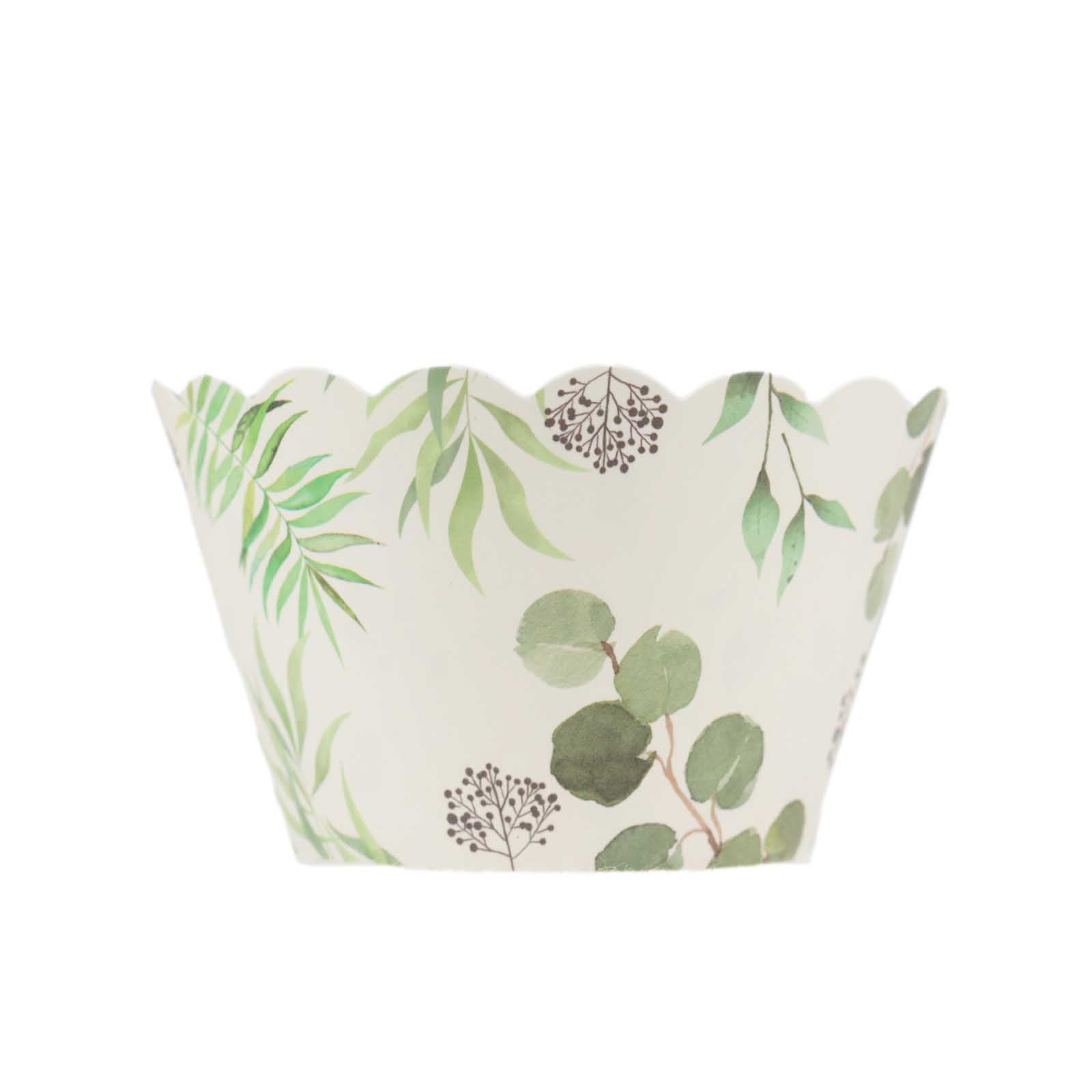 25-Pack Paper Cupcake Wrappers Eucalyptus Leaves Print White Green - Round Muffin Truffle Cup Liners 3"