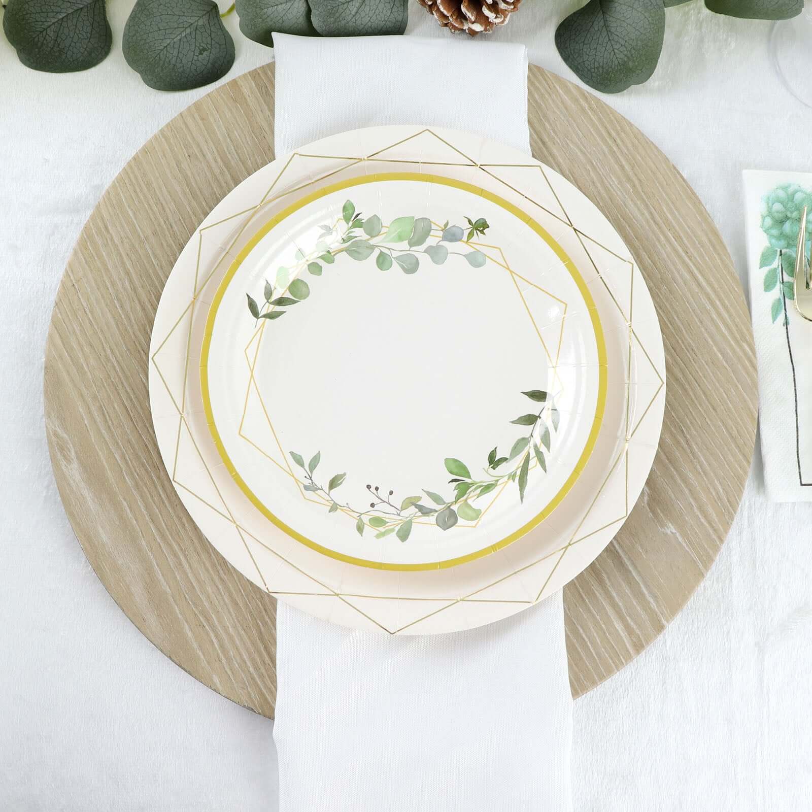 24-Pack Paper 7" Round Dessert Plates in White with Eucalyptus Leaves & Gold Rim - Disposable 300GSM Salad Plates for Garden Weddings & Celebrations