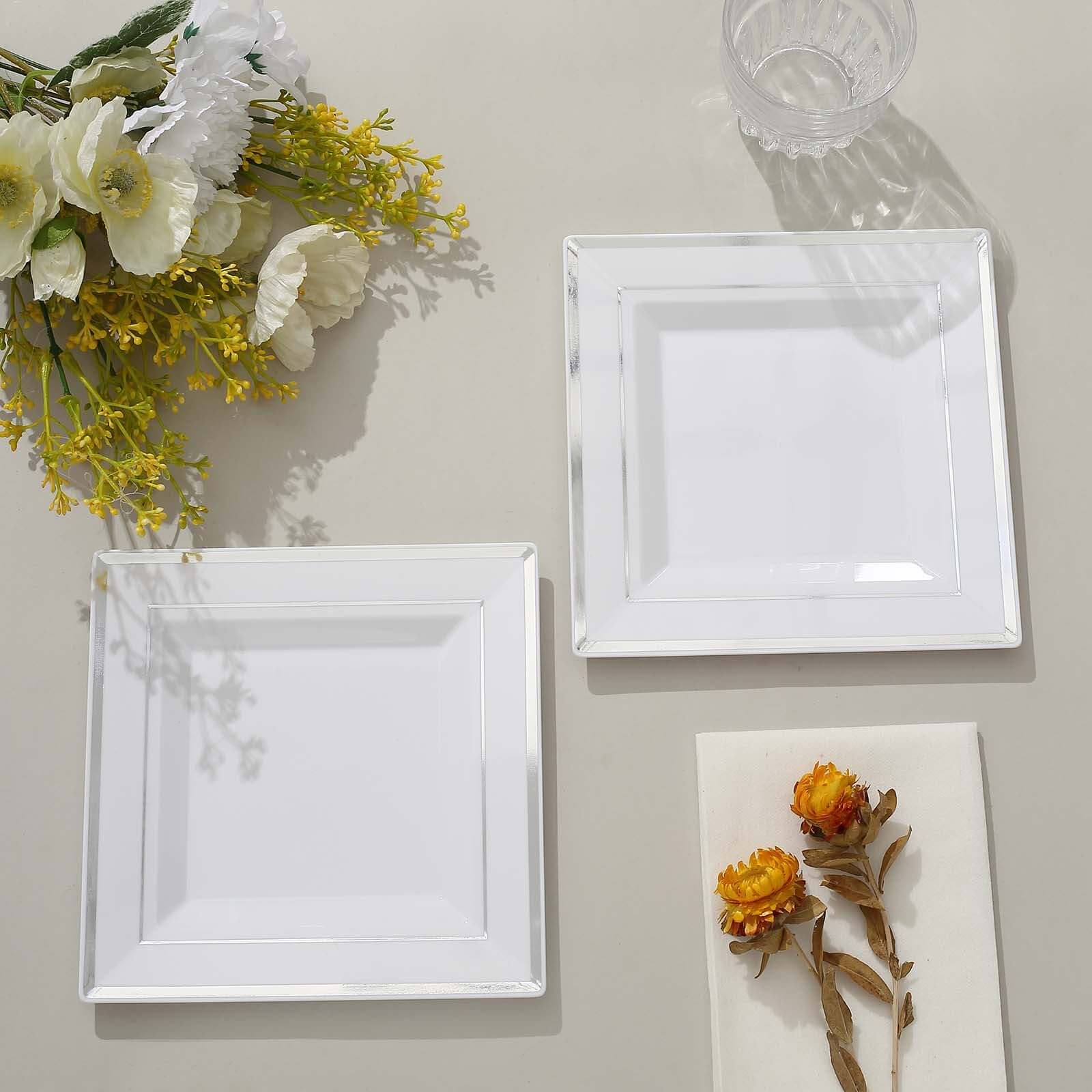 10-Pack Plastic Salad Dessert Plates White Square with Silver Trim - Durable Disposable Appetizer Plates 7"