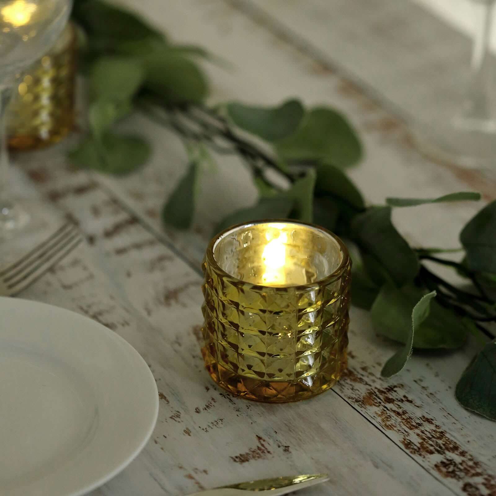 6 Pack 3" Studded Gold Mercury Glass Votive Holders, Faceted Tealight Candle Holders