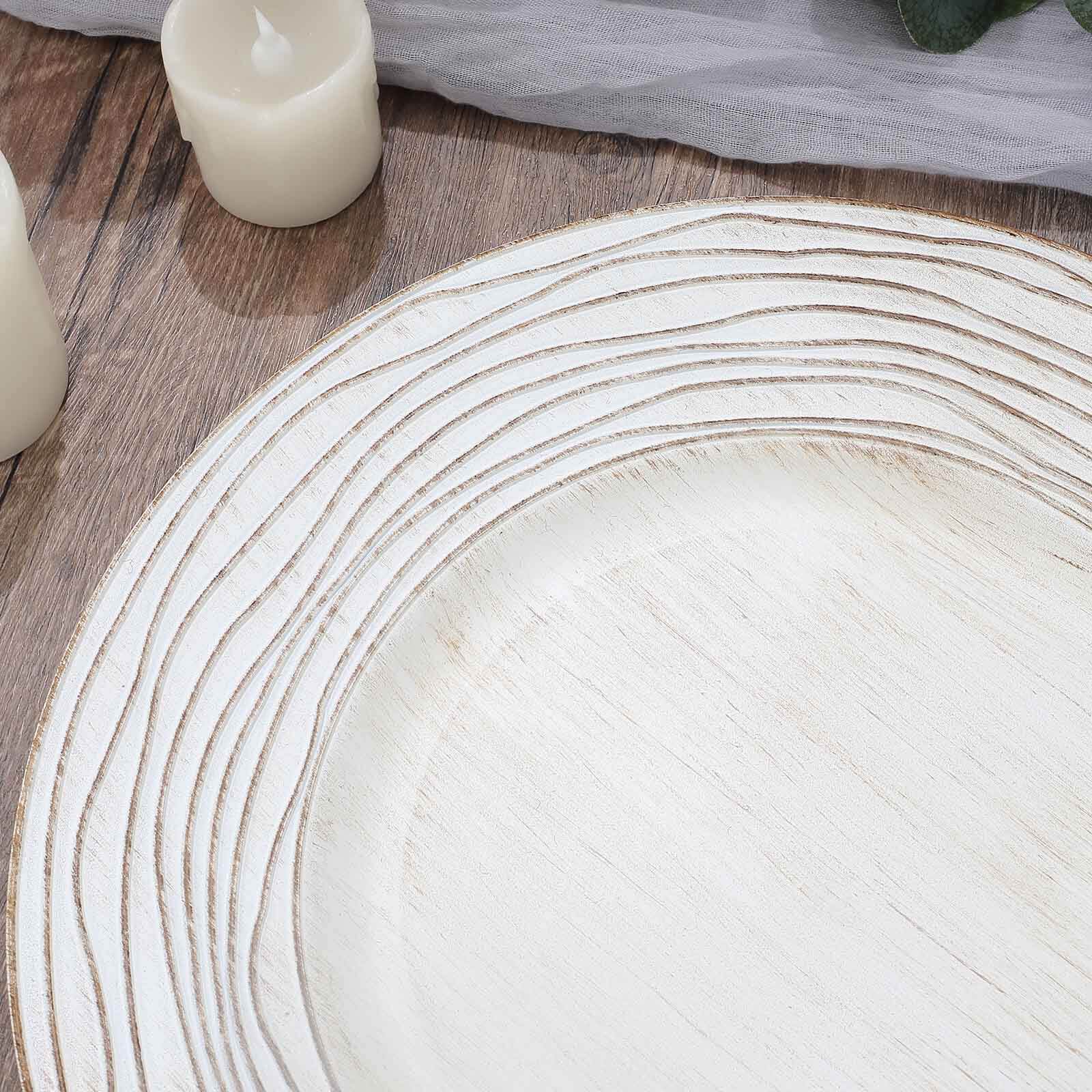 6-Pack Faux Wood Round Charger Plates 13" White Washed with Rose Embossed Rim, Disposable Plastic Charger Tableware