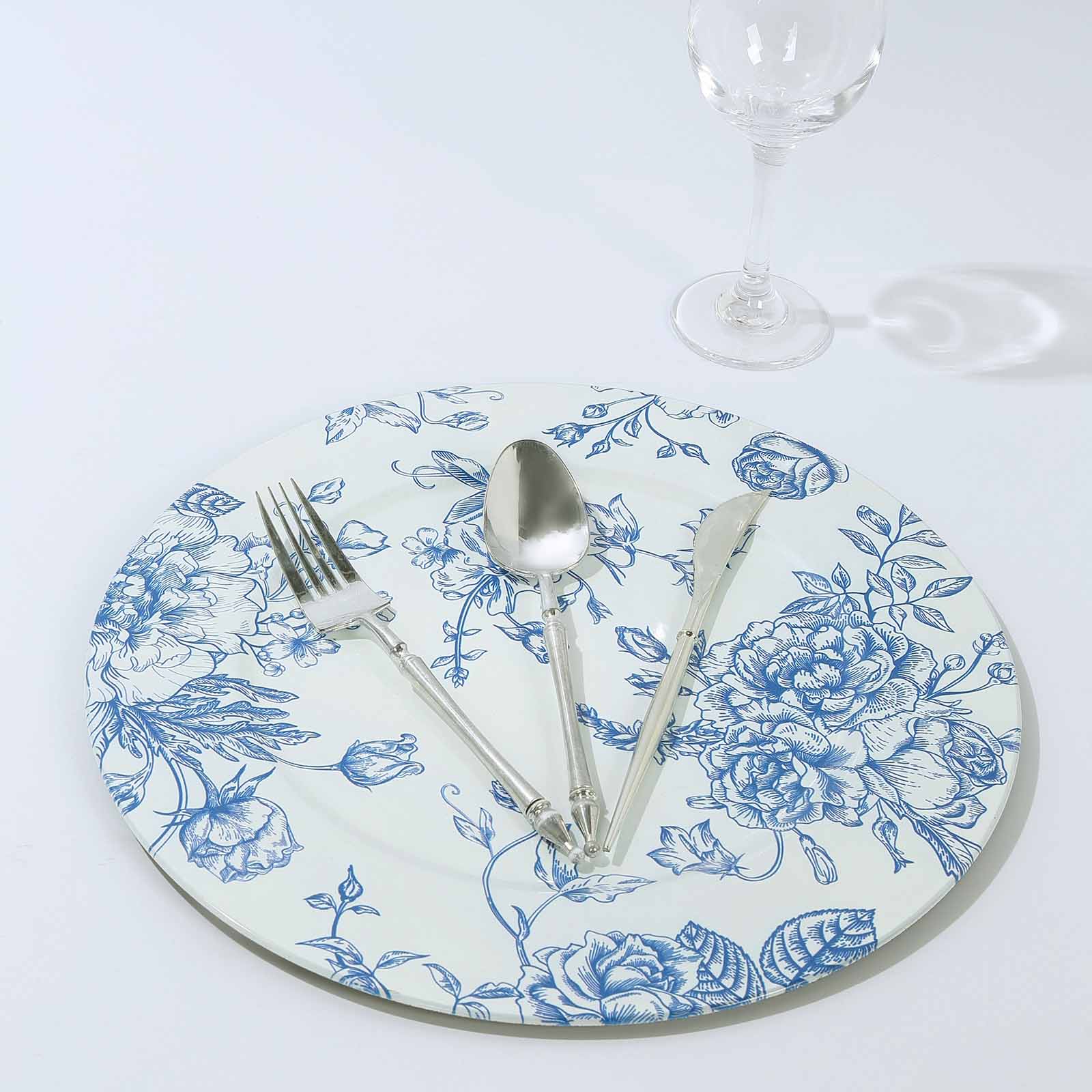 6-Pack Acrylic Round Charger Plates 13" in White with Light Blue Floral French Toile Pattern, Decorative Dinner Party Charger Tableware