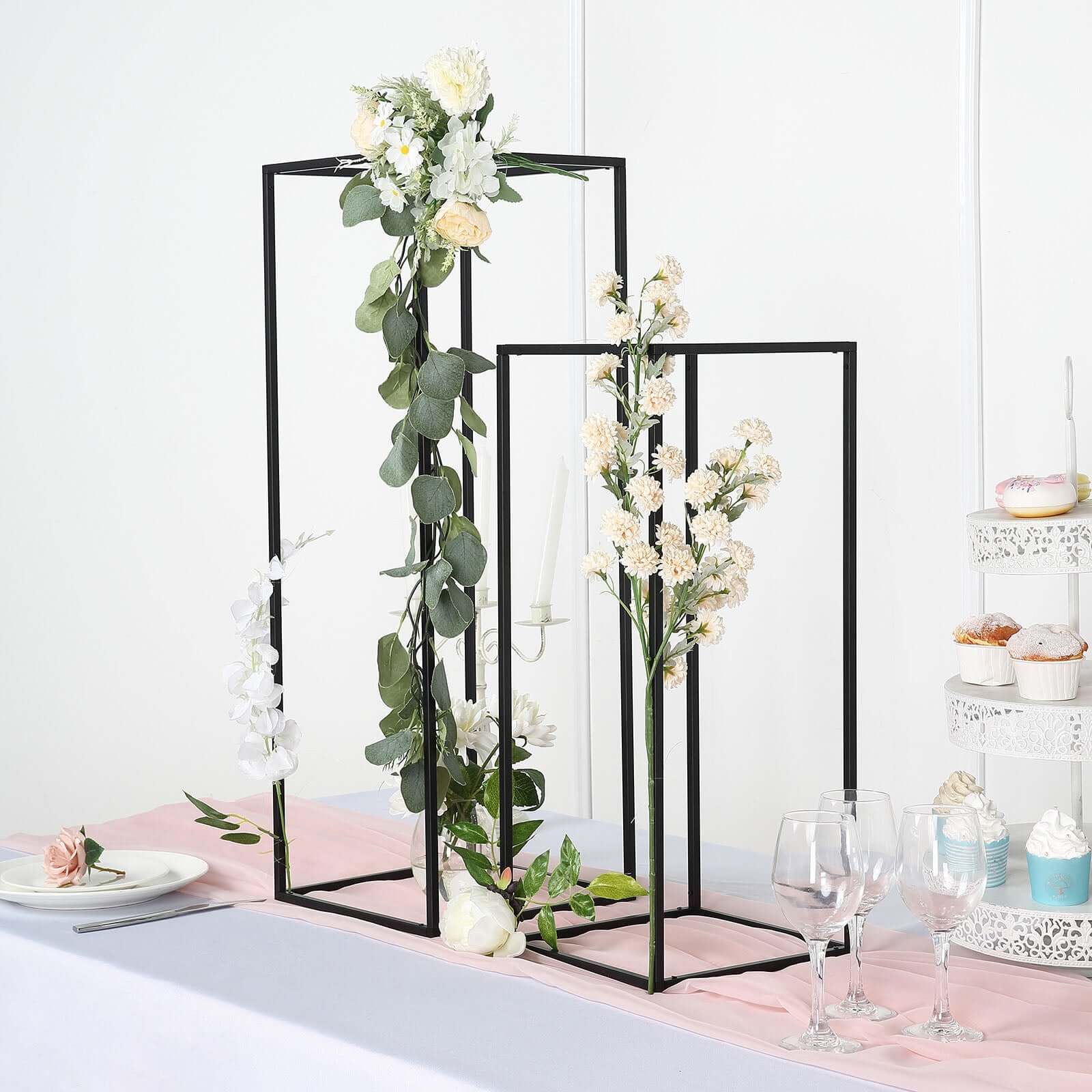 2-Pack Wedding Flower Stand Black Metal Geometric Column Frame Rectangular - Versatile Floral Pedestal for Sophisticated Arrangements 32"