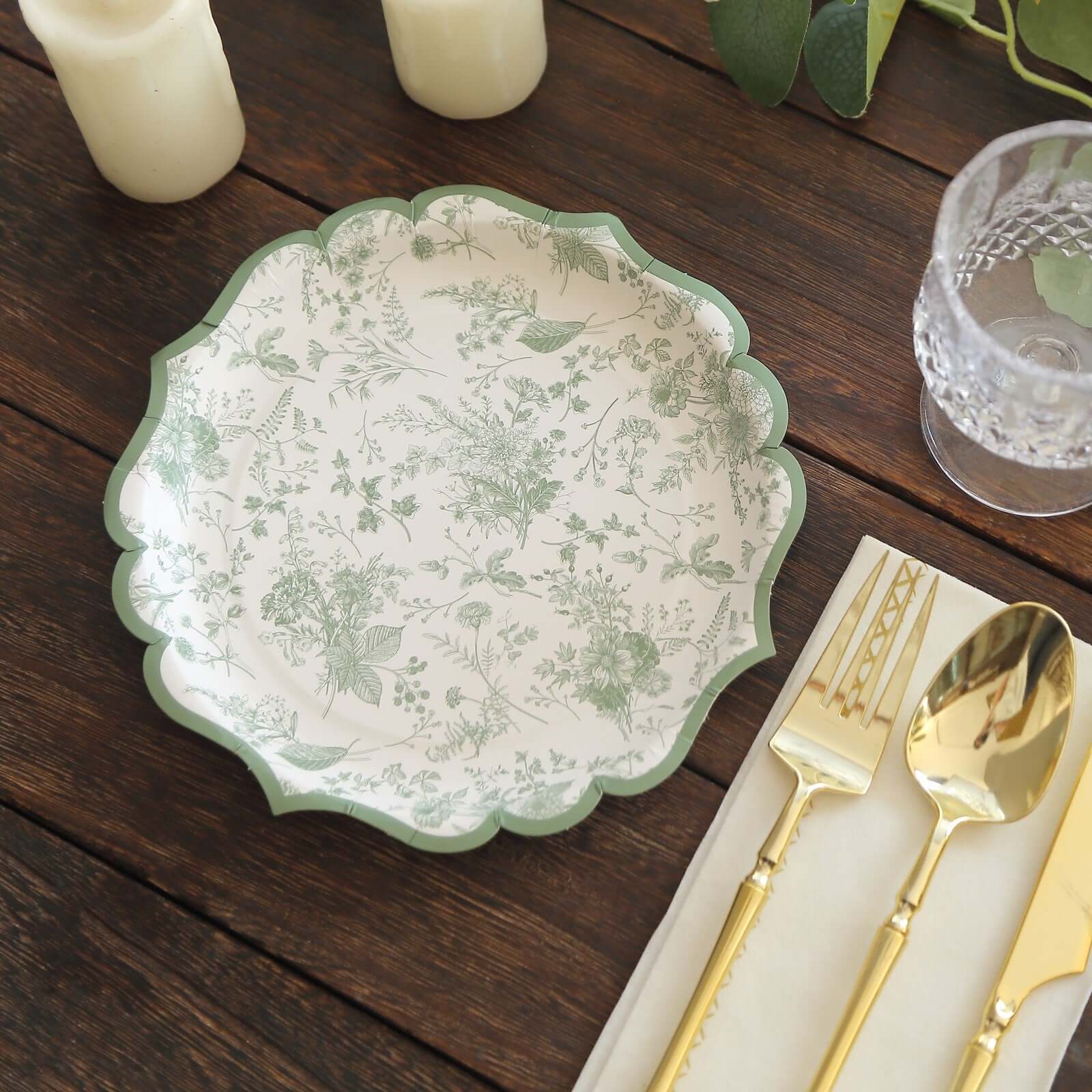 25-Pack Paper 8" Round Dessert Plates in White with Sage Green French Toile Design & Scalloped Rim - Disposable 300GSM Salad Appetizer Plates for Stylish Table Decor