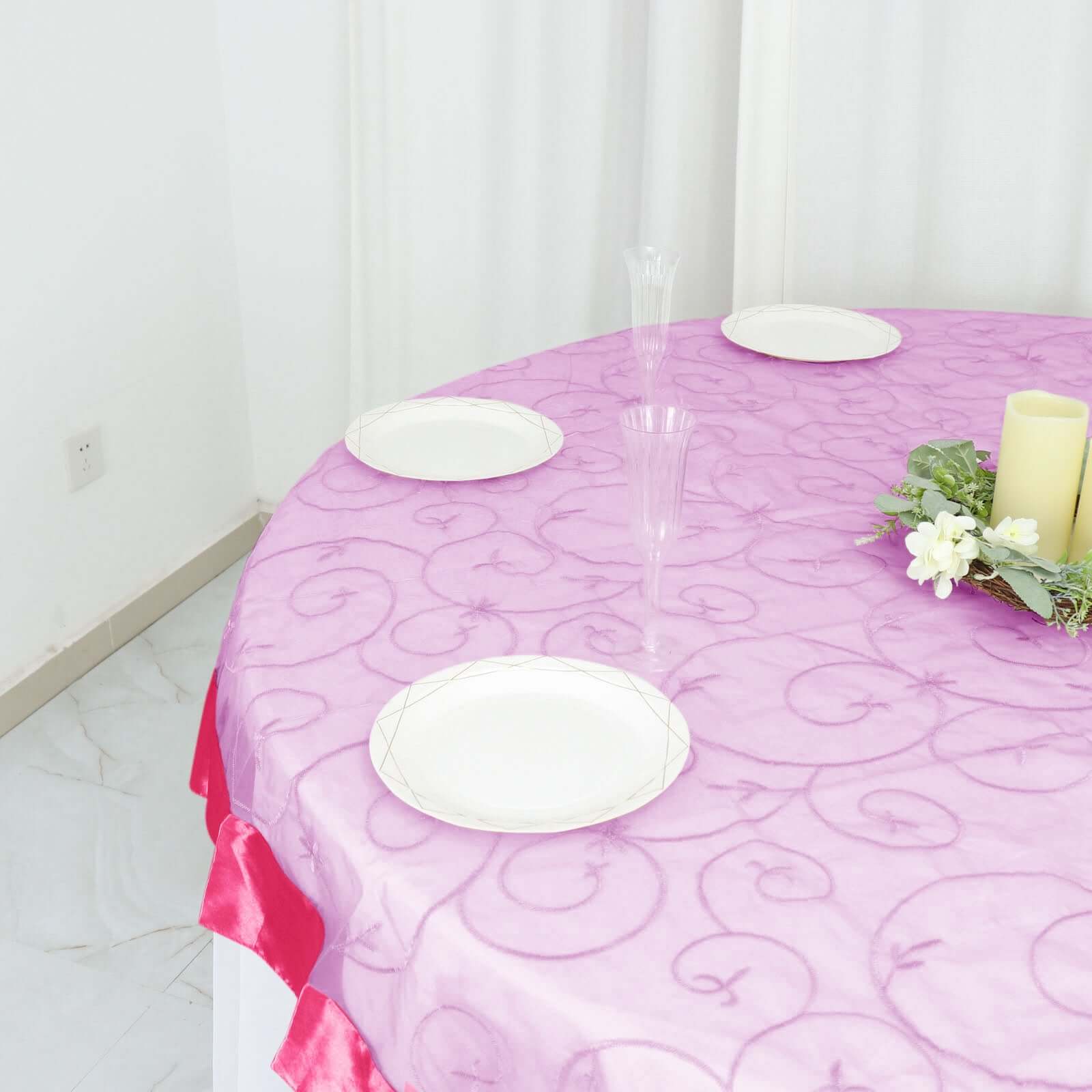 72"x72" Fuchsia Embroidered Sheer Organza Square Table Overlay With Satin Edge