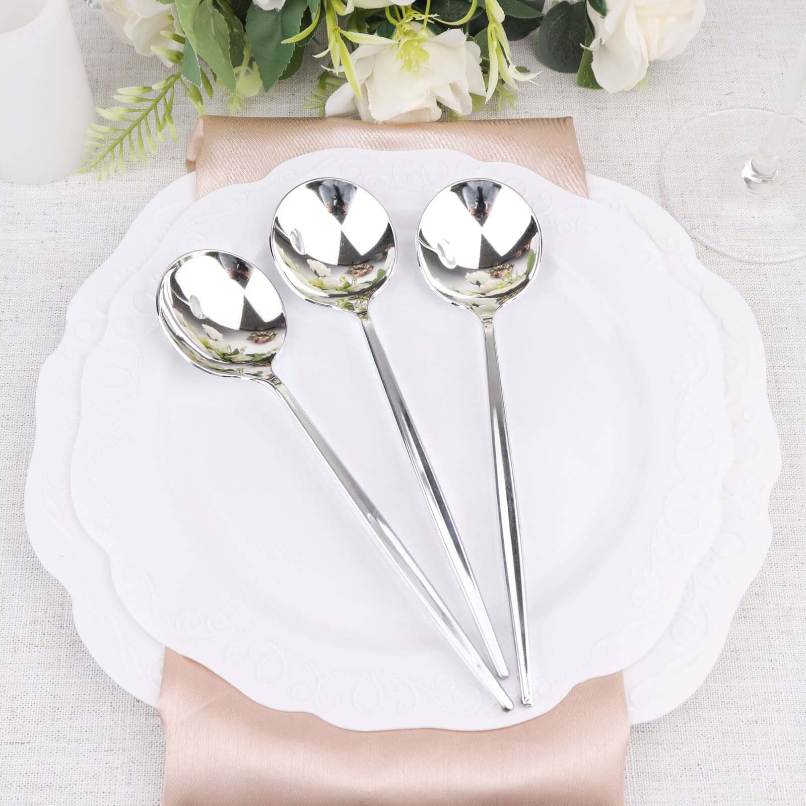 24-Pack Plastic Spoons Glossy Silver - Premium Heavy Duty Disposable Silverware 8"
