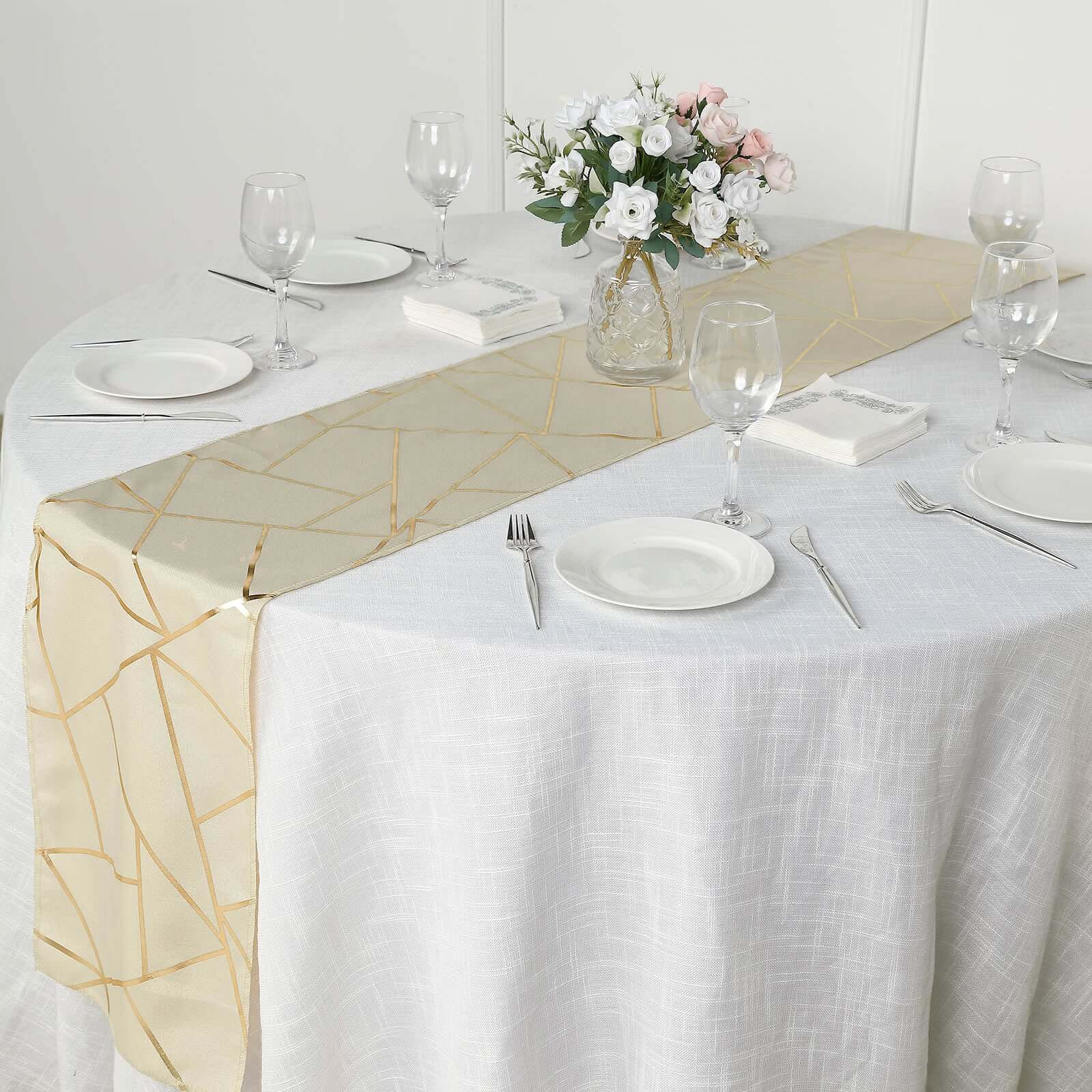 Polyester 9ft Table Runner Beige with Gold Foil Modern Geometric Accent
