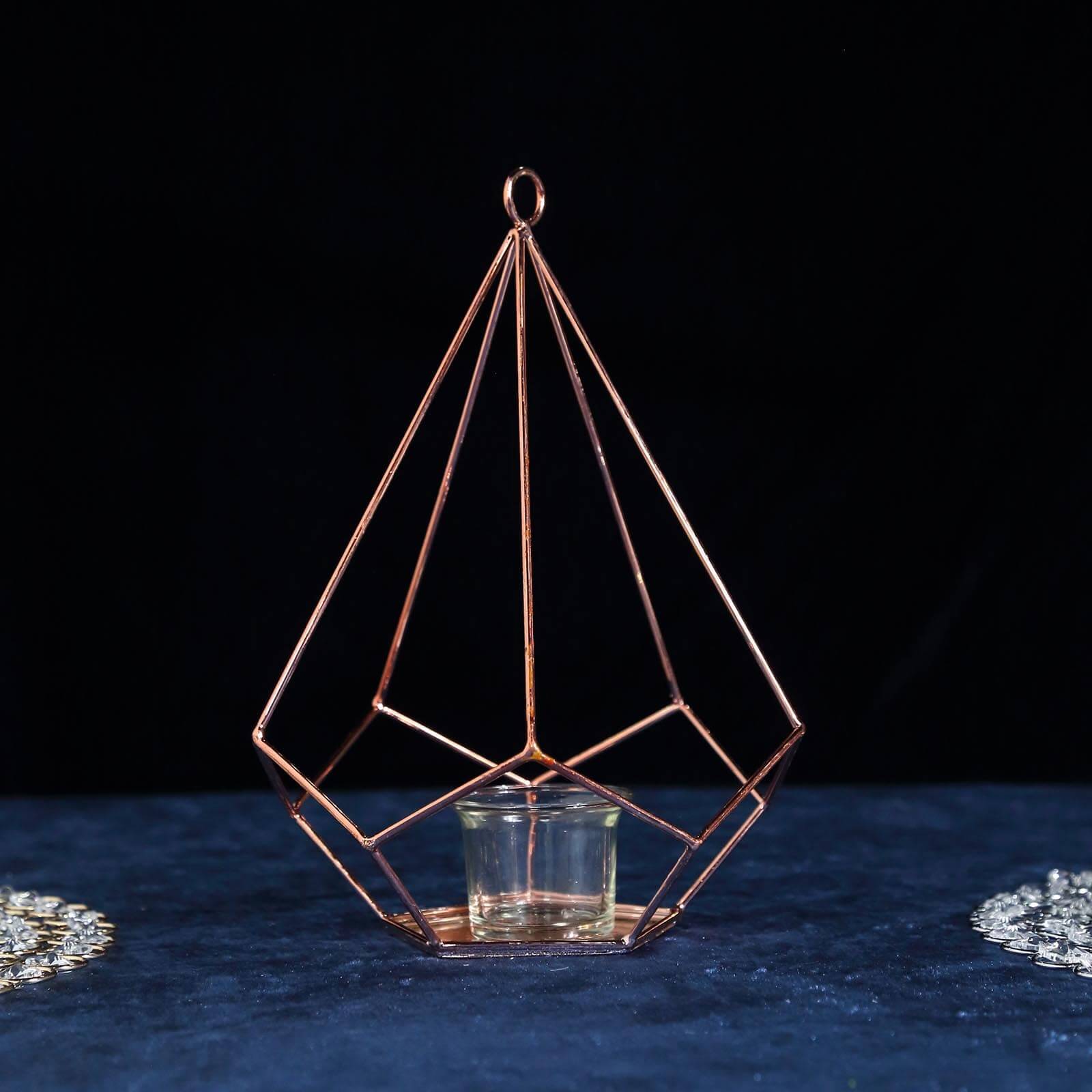 2-Pack Tealight Candle Holders Rose Gold Metal Pentagon Geometric Open Frame - Flower Stand 9"