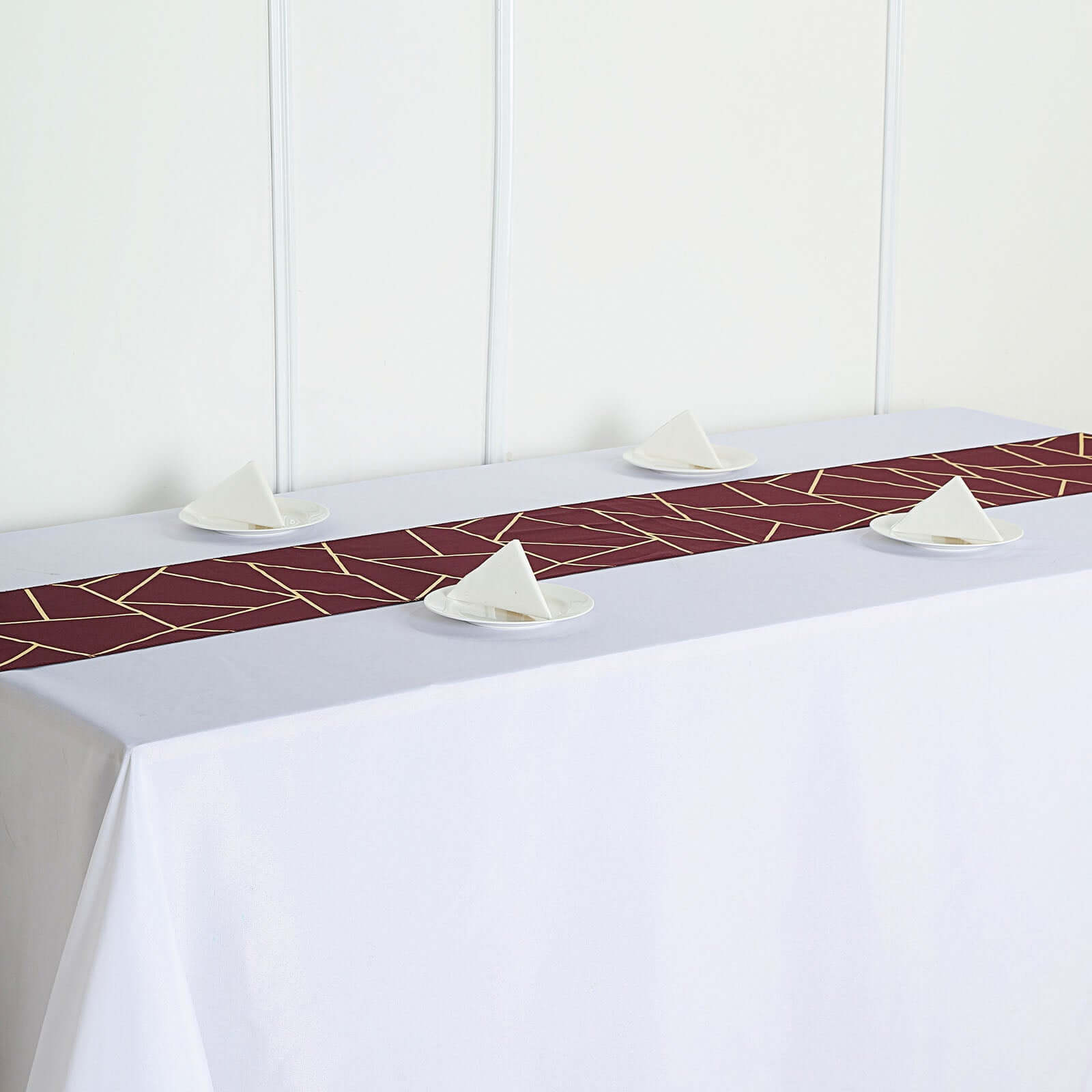Polyester 9ft Table Runner Burgundy with Gold Foil Modern Geometric Accent