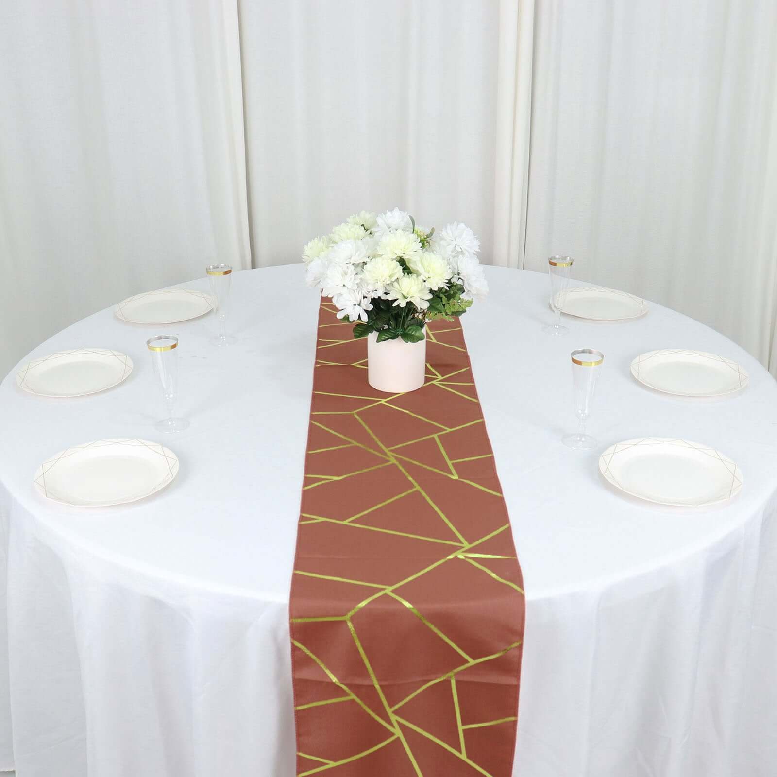 Polyester 9ft Table Runner Terracotta (Rust) with Gold Foil Modern Geometric Accent