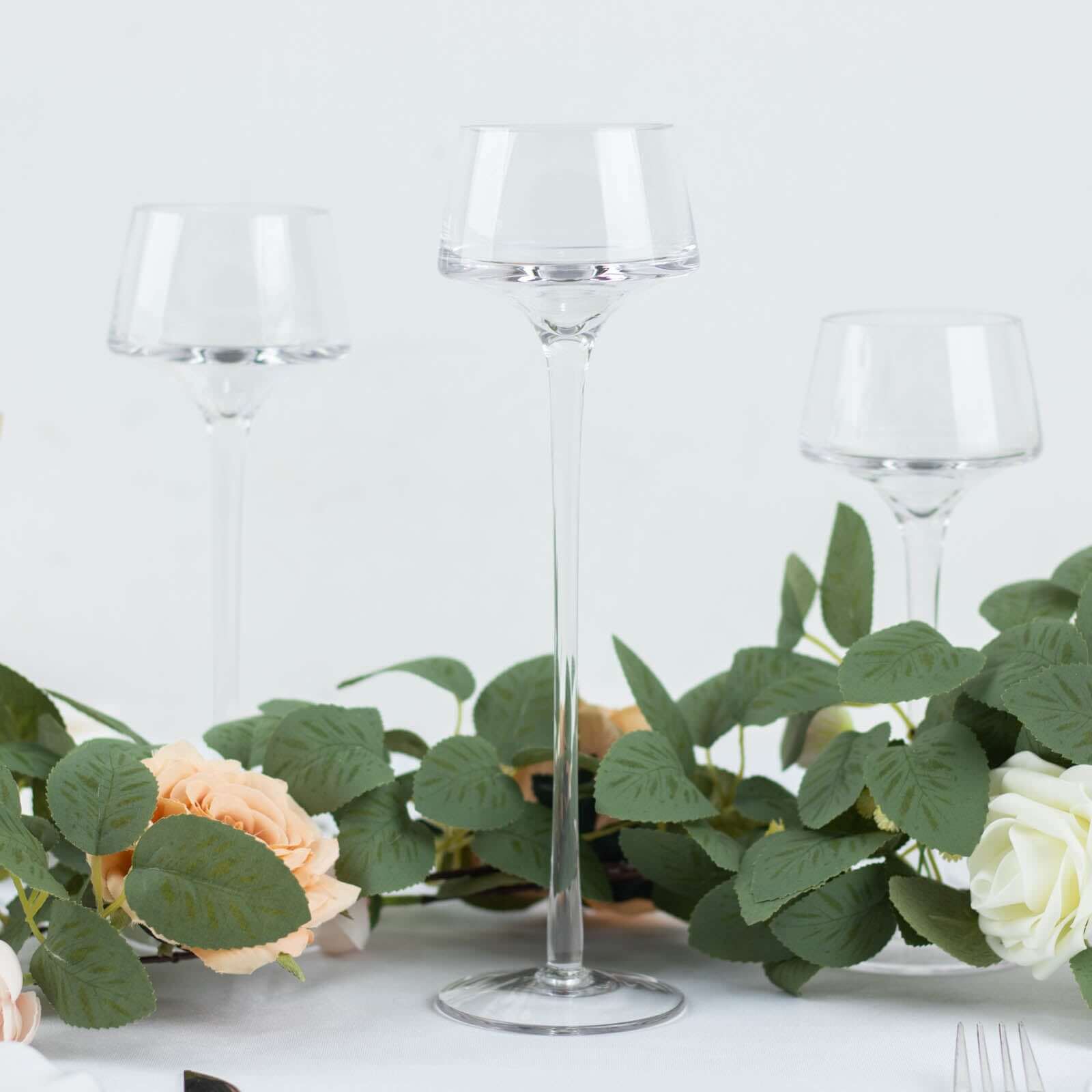 Set of 3 Glass Pedestal Vases Long Stem Clear - Tall Disc Candle Holders for Floral Centerpieces 8", 9", 10"