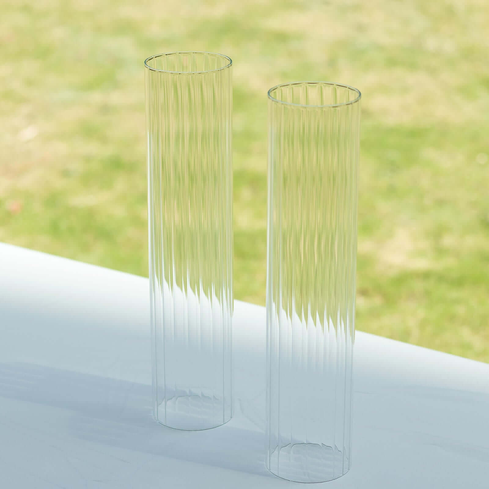2-Pack Clear Ribbed Glass Hurricane Shades Open End Design - Stylish Candelabra Pillar Candle Holder Table Centerpiece 14"