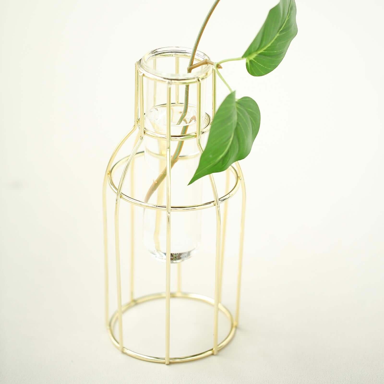 Set of 2 Wedding Centerpieces Gold Metal Frame Bottle Shaped Design - Geometric Glass Bud Vases 8",10"
