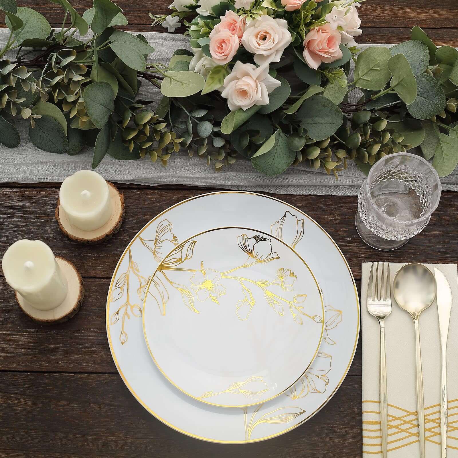 Set of 20 Plastic Round Dinner and Dessert Plates in White with Metallic Gold Floral Design - Stylish Disposable Dinnerware for Banquets & Special Occasions 8", 10"