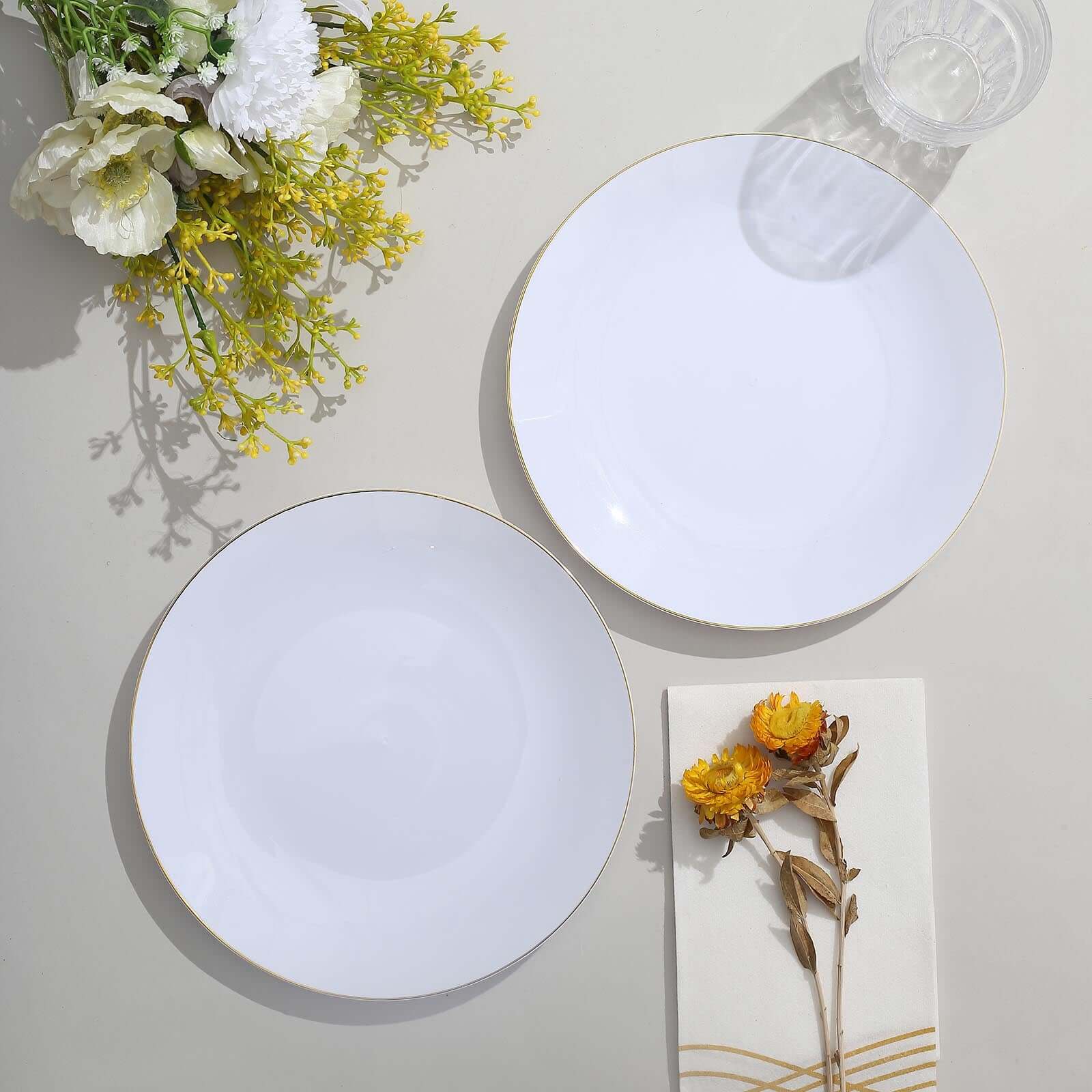 10-Pack Plastic 8" Round Dessert Plates in White with Gold Rim - Glossy Disposable Appetizer Salad Plates for Banquets & Special Occasions