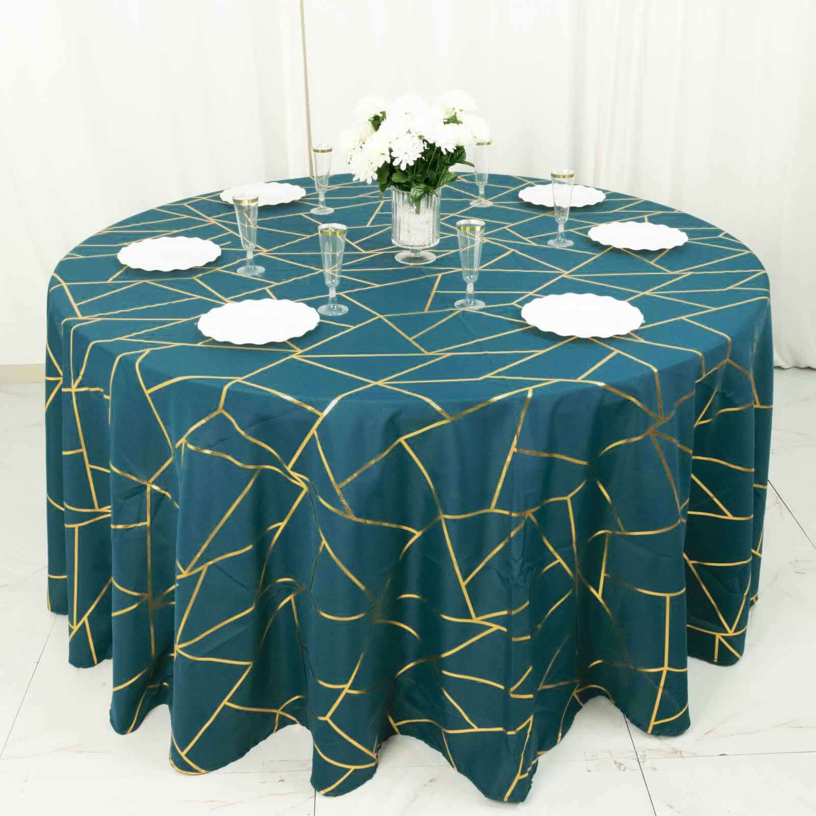 120" Peacock Teal Seamless Round Polyester Tablecloth With Gold Foil Geometric Pattern for 5 Foot Table With Floor-Length Drop