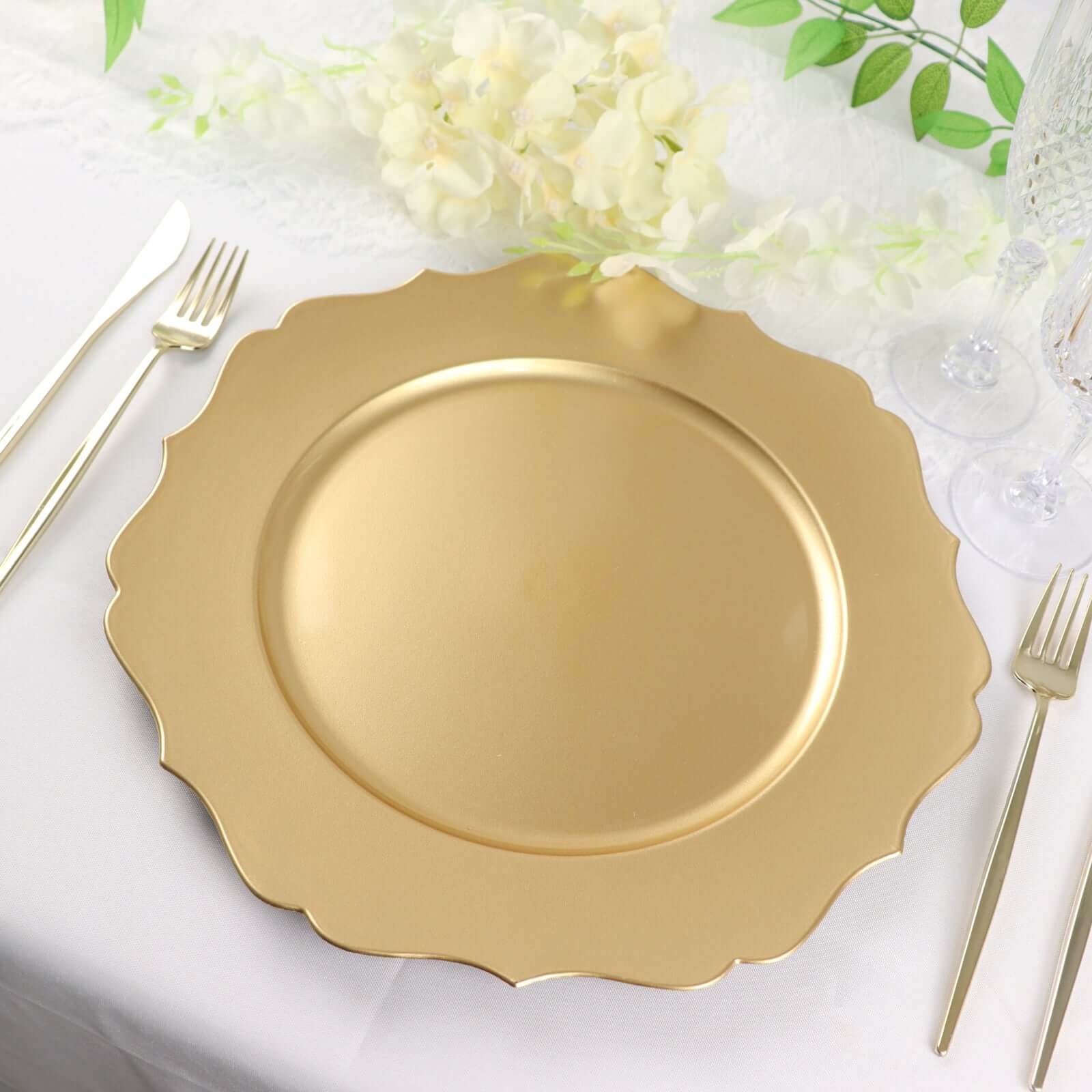 6 Pack 13" Metallic Gold Acrylic Charger Plates Scalloped Rim, Gold Plastic Charger Plates