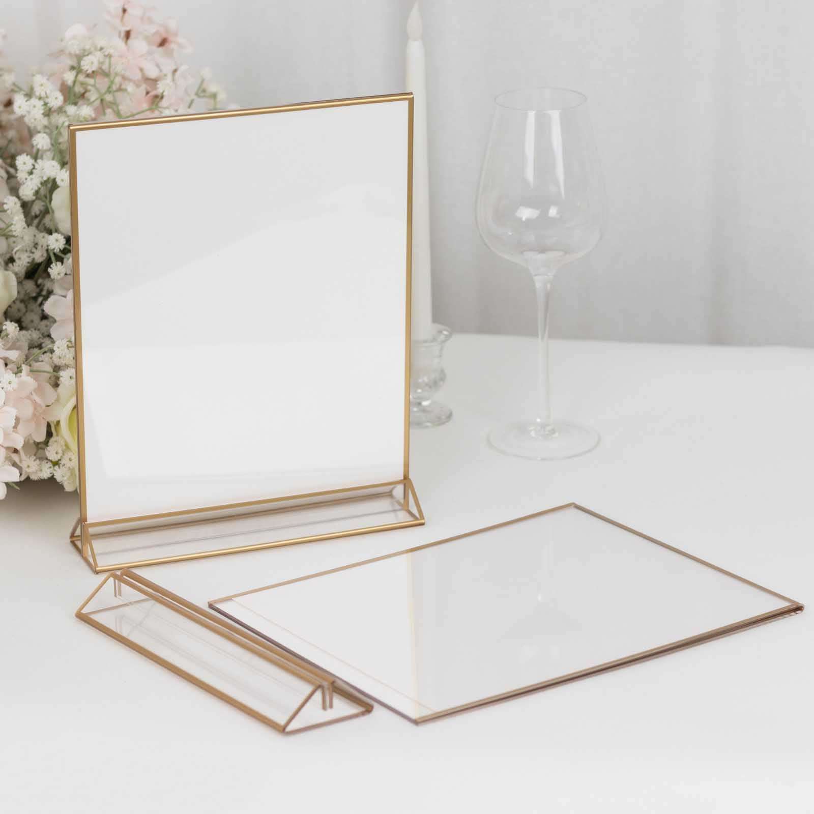 6-Pack Gold Acrylic Rectangular Frame Sign Holders Clear Double-Sided Display with White Cardboard - Suitable for Banquets 9"x11"