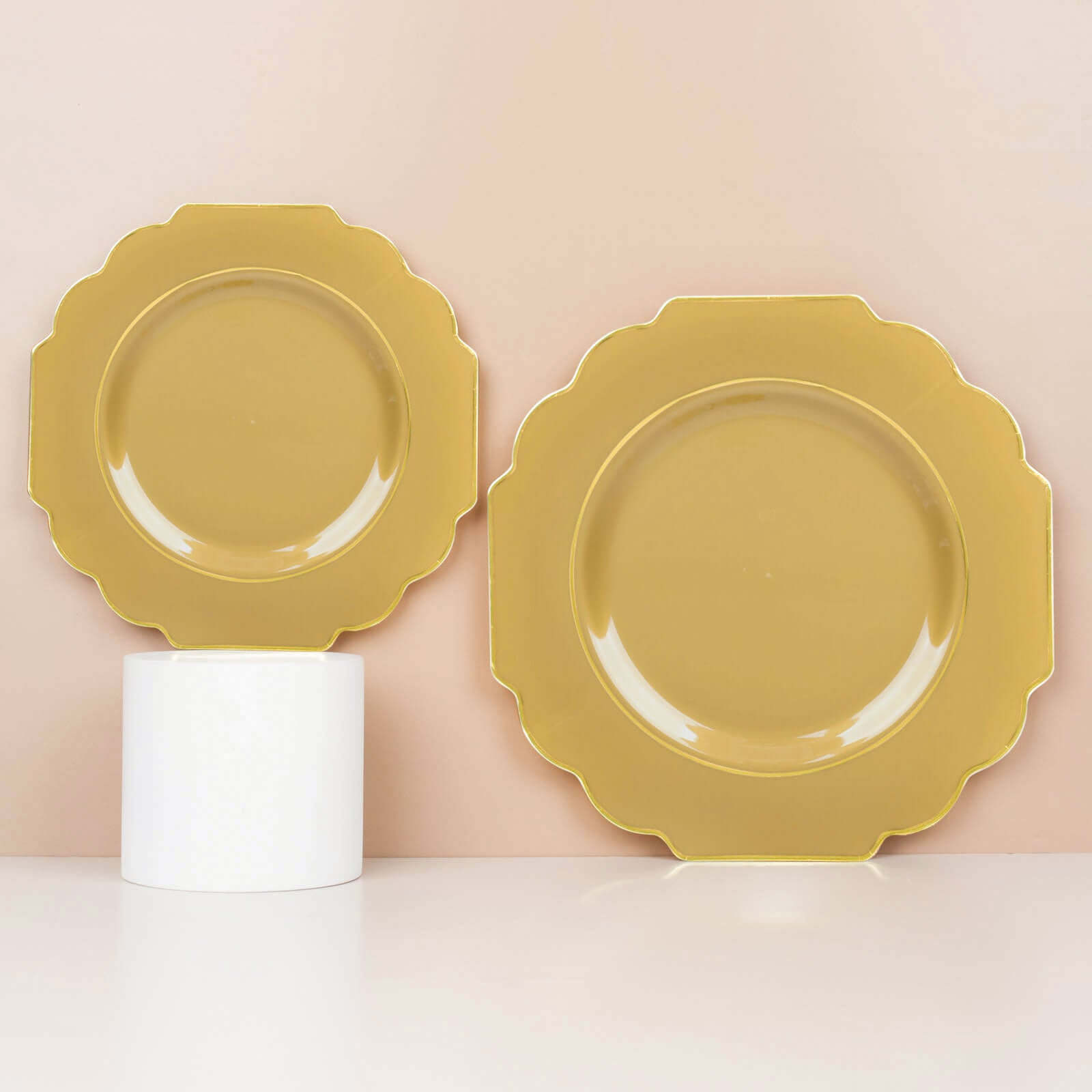 10-Pack Plastic Dessert Appetizer Plates in Gold Baroque Design with Scalloped Gold Rim - Heavy Duty Disposable Salad Plates 8"