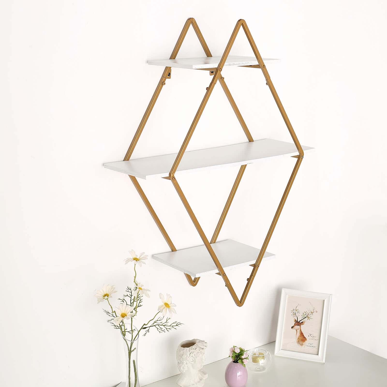 31" Geometric Diamond Shaped 3-Tier Gold Metal Dessert Cupcake Stand Rack, Wall Hanging Display Shelf Display, Book Shelf With White Wood Panels