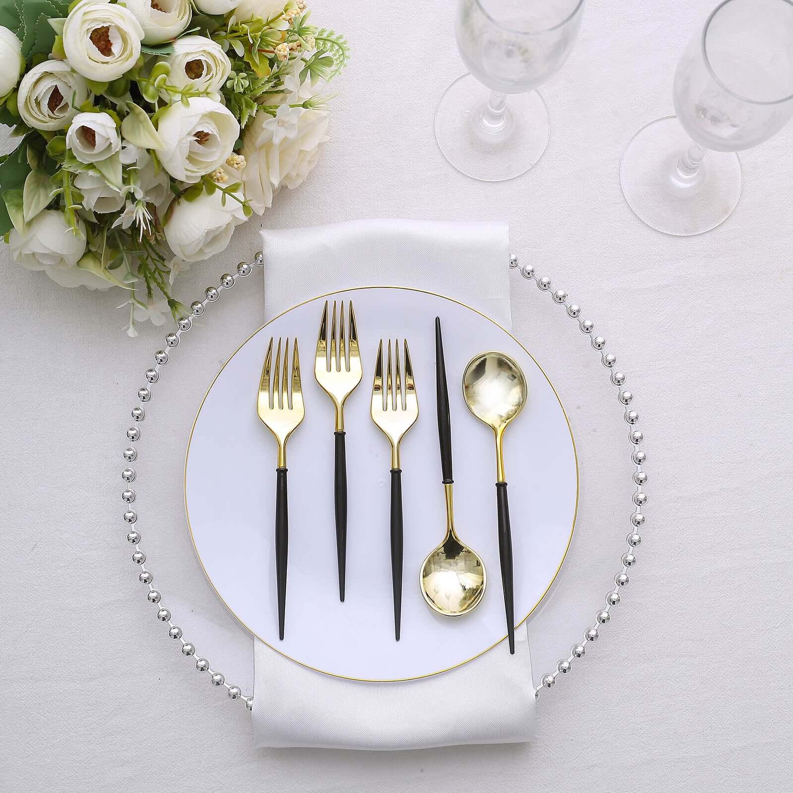 24-Pack Plastic Fork and Spoon Set Gold/Black - Heavy Duty Disposable Modern Utensils 6"