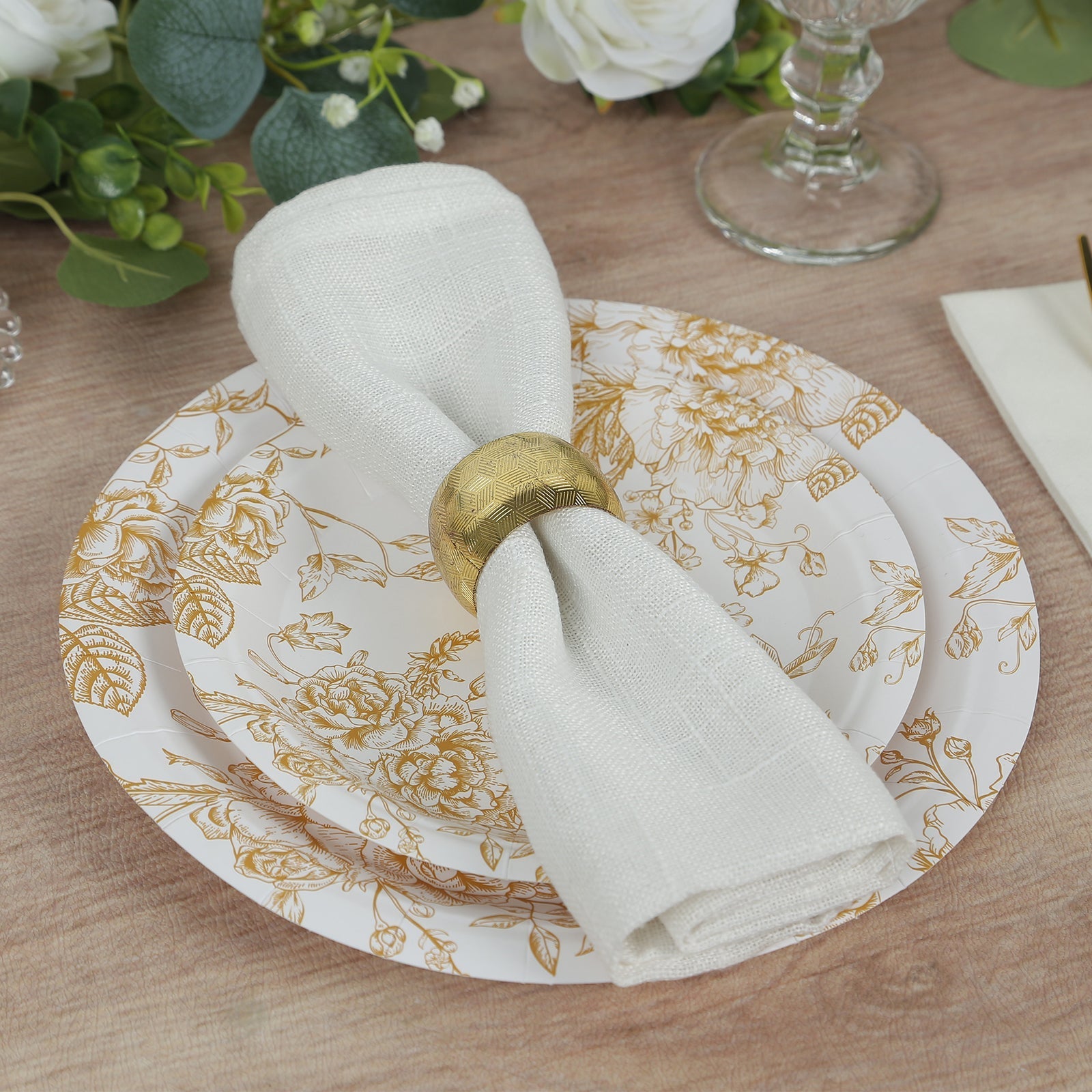 25-Pack Paper 7" Round Dessert Plates in White with Gold French Toile Pattern - Disposable Floral Salad Appetizer Plates for Chic Event Decor
