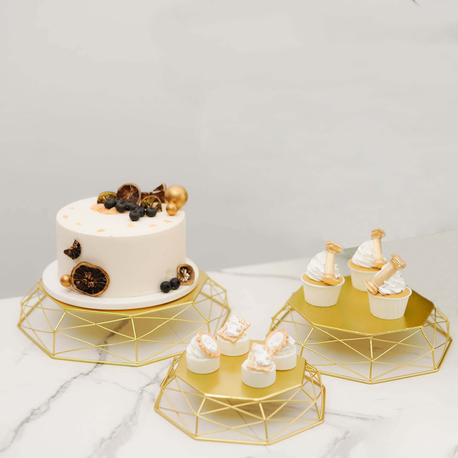 Set of 3 Metal Cake Stands Geometric Reversible Octagon Design Gold - Dessert Display Baskets 7", 9", 11"