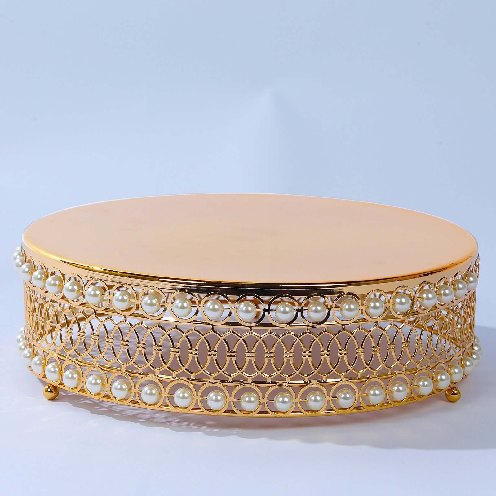 Set of 3 Cake Stands Round Design with Mirror Top Gold - Pearl Beaded Stackable Cupcake Holders Metal 12", 14", 16"