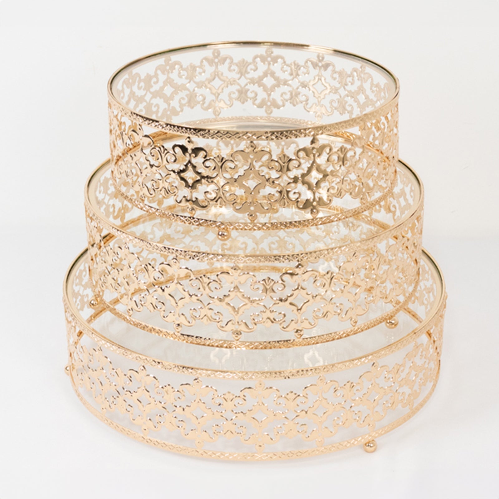Set of 3 Cake Stands Baroque Ornate Design with Glass Top Gold - Stackable Dessert Display Trays Metal 10", 12", 14"