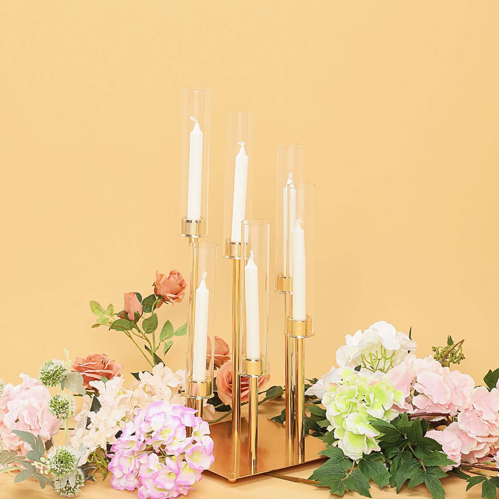 6-Arm Cluster Taper Candle Holder Gold with Clear Glass Shades - Sleek Candle Display for Gatherings 24"