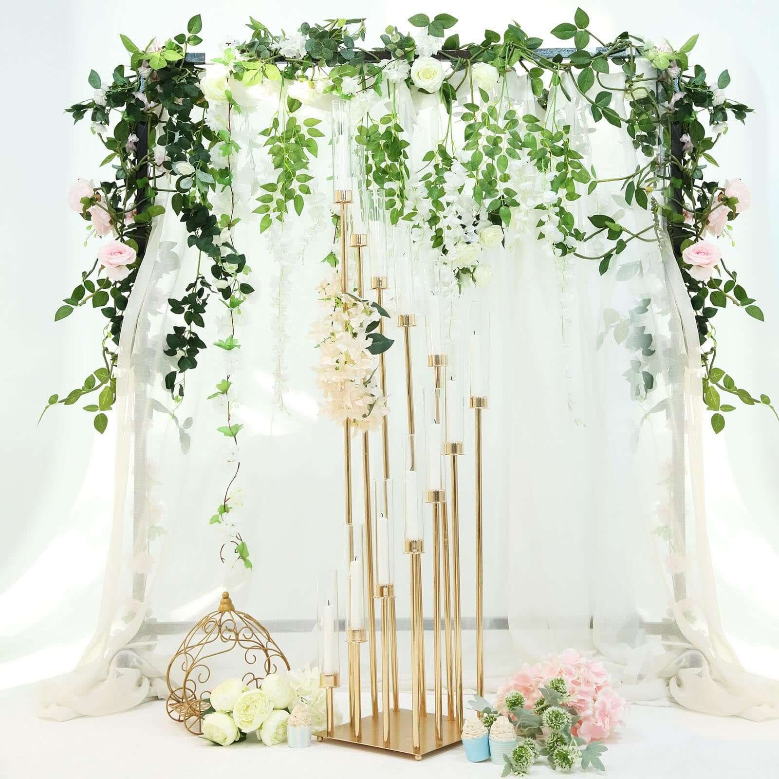 12-Arm Cluster Taper Candle Holder Gold with Clear Glass Shades - Grand Candle Arrangement for Events 57"