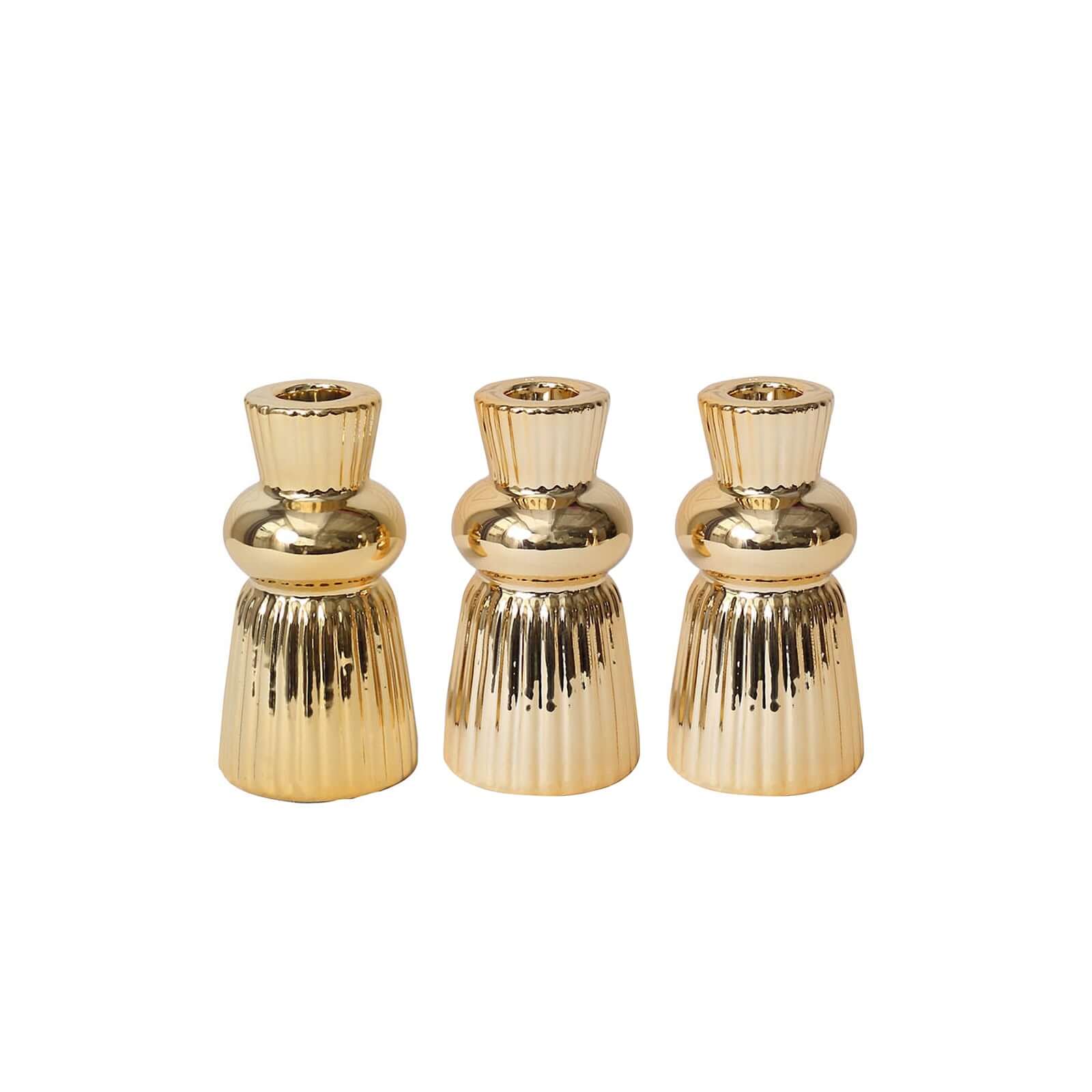 3-Pack Ceramic Taper Candle Holders Fluted Ball Neck Design Metallic Gold - Ribbed Candlestick Stands 5"