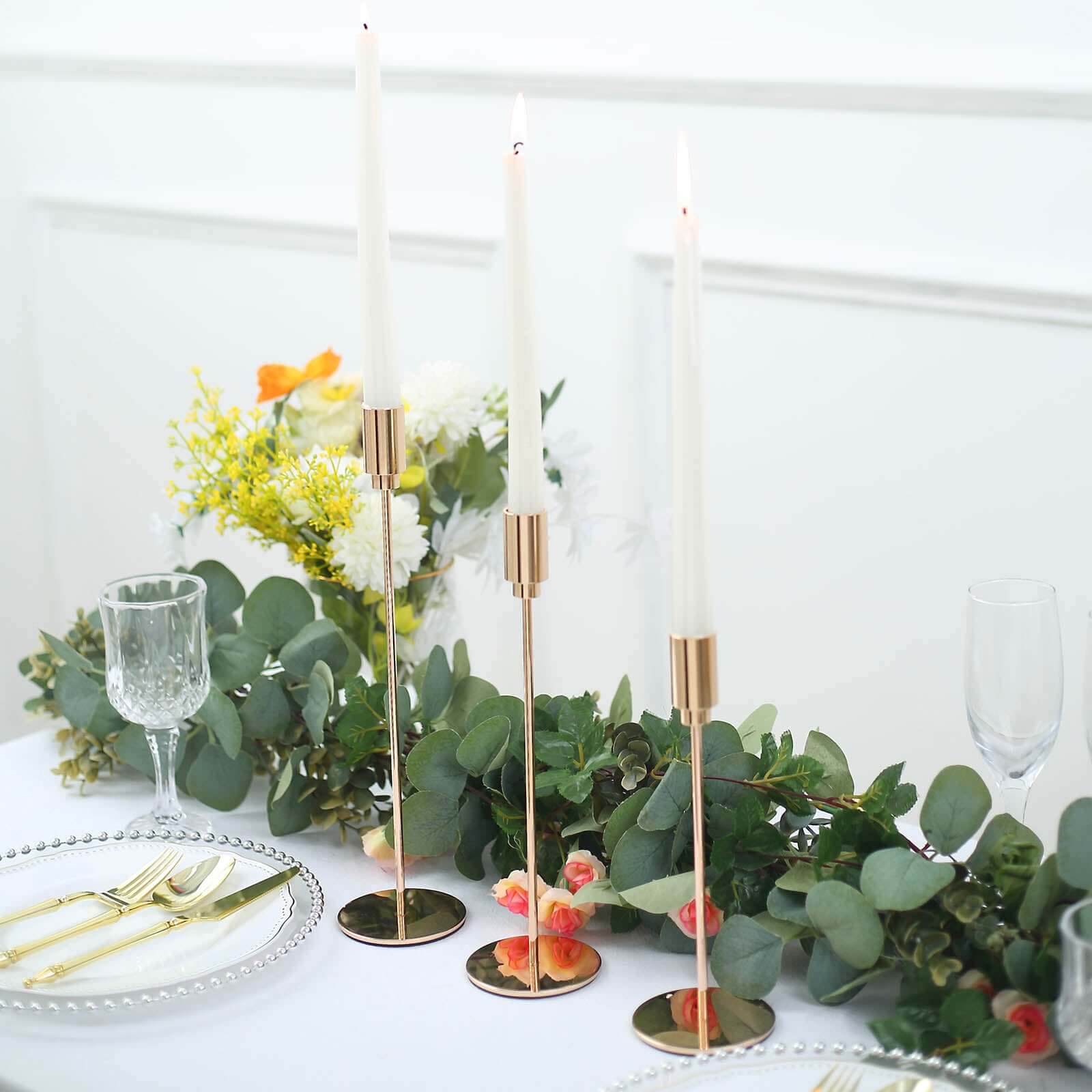 Set of 3 Taper Candle Stands Gold Metal Decorative Round Base Design - Wedding Table Accents 9", 10", 13"