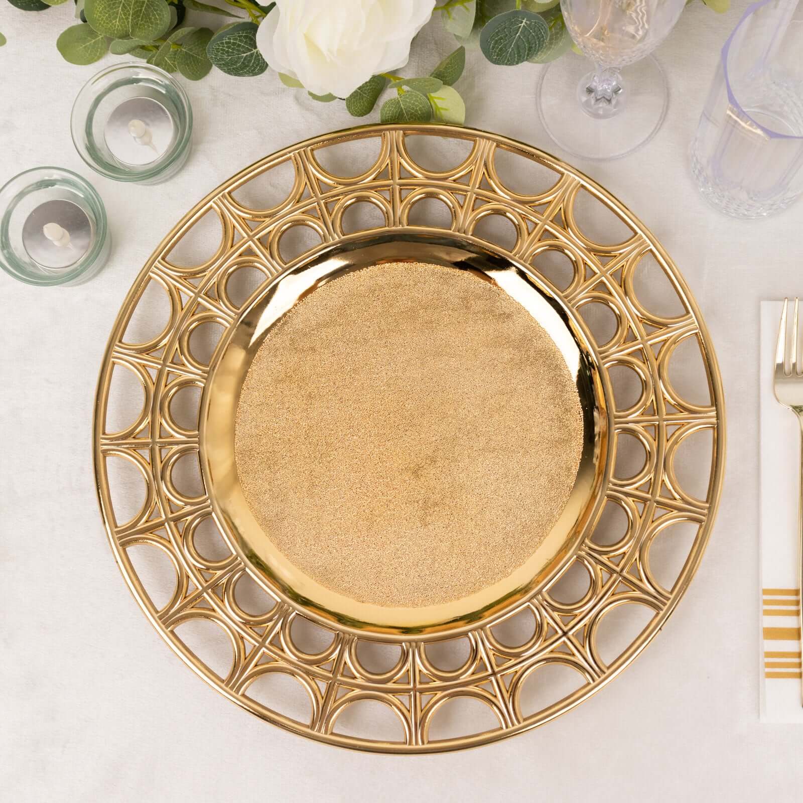 6-Pack Acrylic Round Charger Plates 13" in Metallic Gold with Hollow Semi Circle Rim, Plastic Decorative Charger Tableware