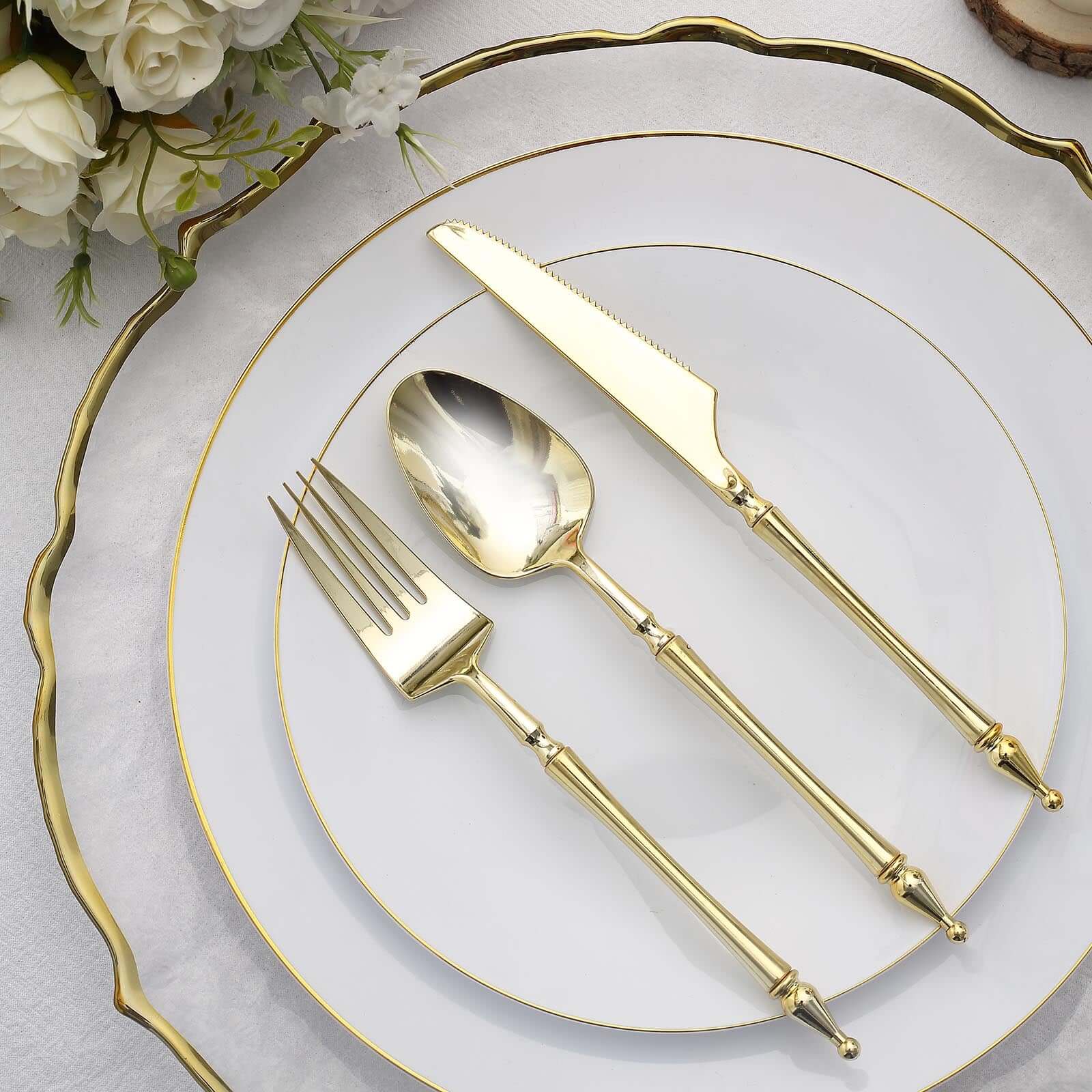 24-Pack Plastic Utensil Set with Roman Column Handle Gold - Disposable Silverware for Events